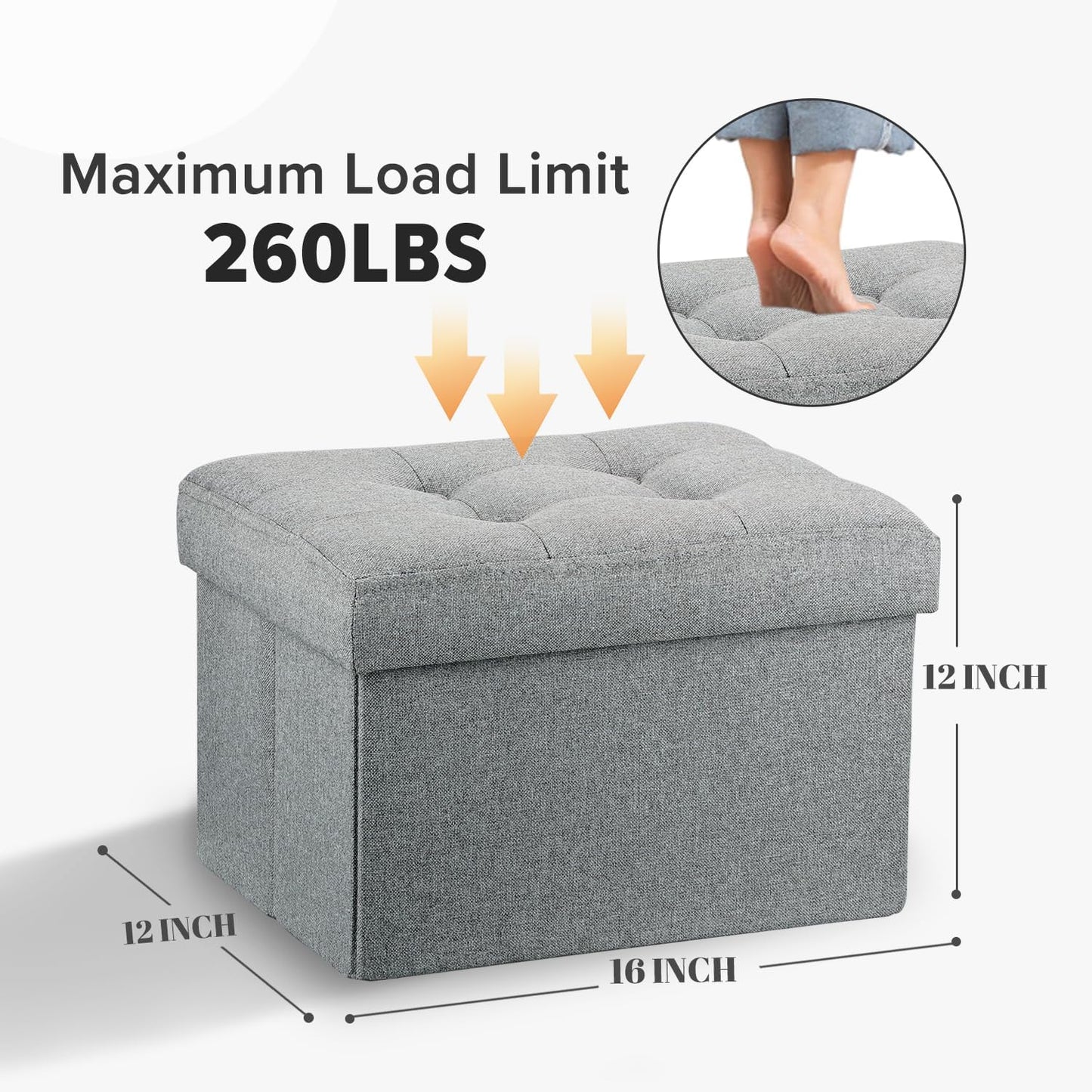 Compact Linen Storage Ottoman and Footrest in Light Gray - 16"x12"x12