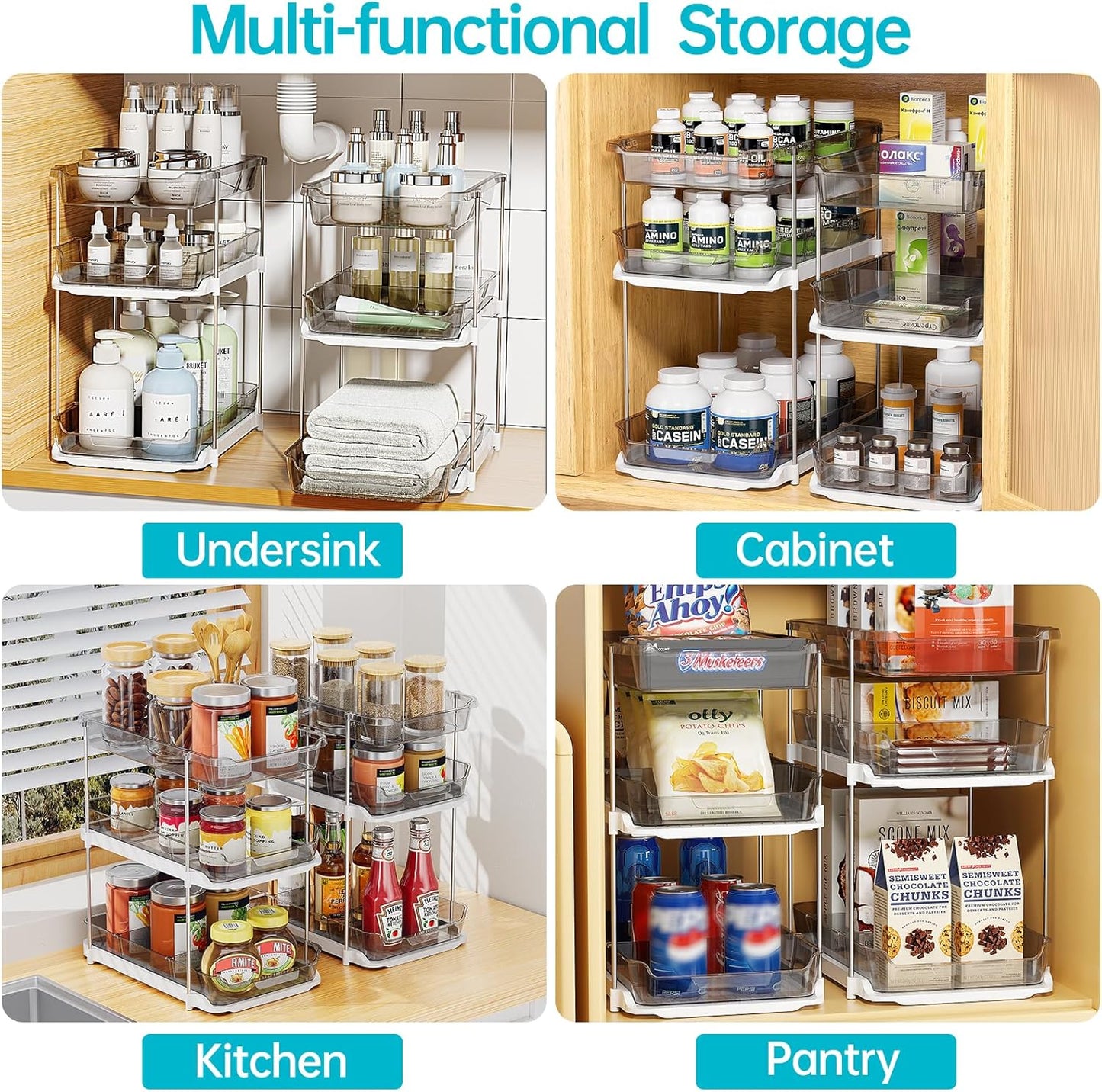2 Sets of 3-Tier Bathroom under Sink Organizers and Storage, Multi-Purpose Stackable Pantry Organization and Storage, Grey