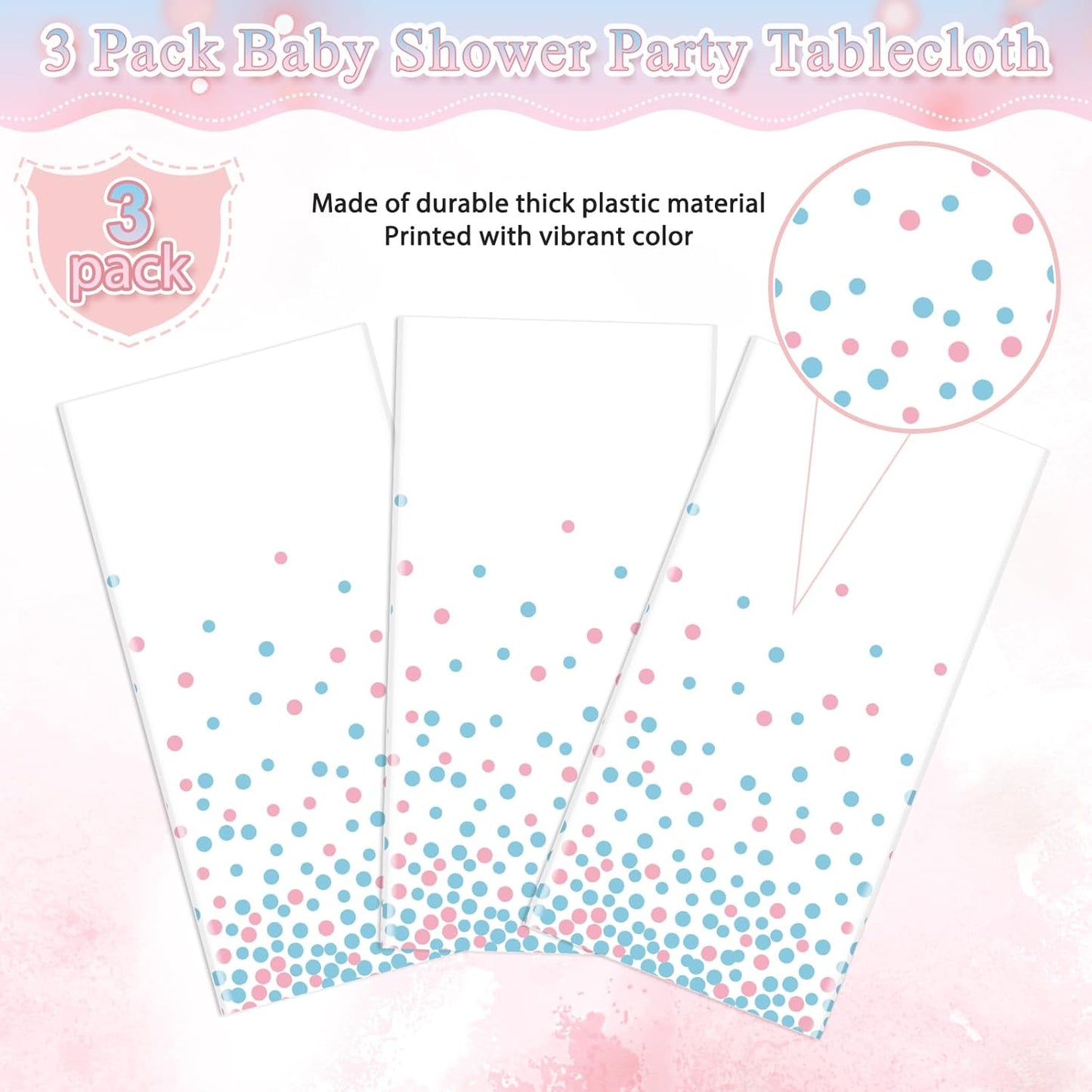 3Pack White and Pink Blue Plastic Tablecloth, White Disposable Table Cloth for Rectangle Tables, Pink Blue Stamping Dot White Tablecloth for Gender Reveal Baby Shower Birthday Party Supplies, 54"X108"