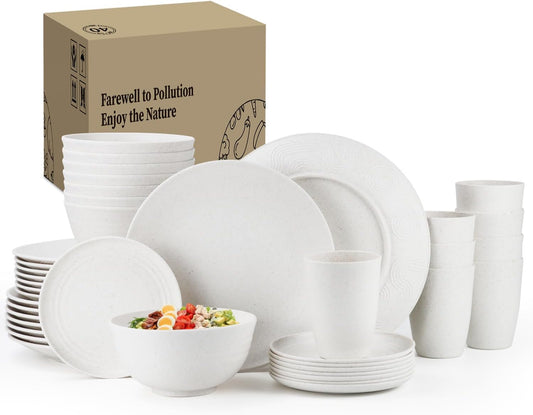Wheat Straw 40-Piece Dinnerware Set for 8 - Includes Dinner Plates, Dessert Plates, Cereal Bowls, Cups, and Appetizer Plates - Reusable White Dish Set for Kids and Adults