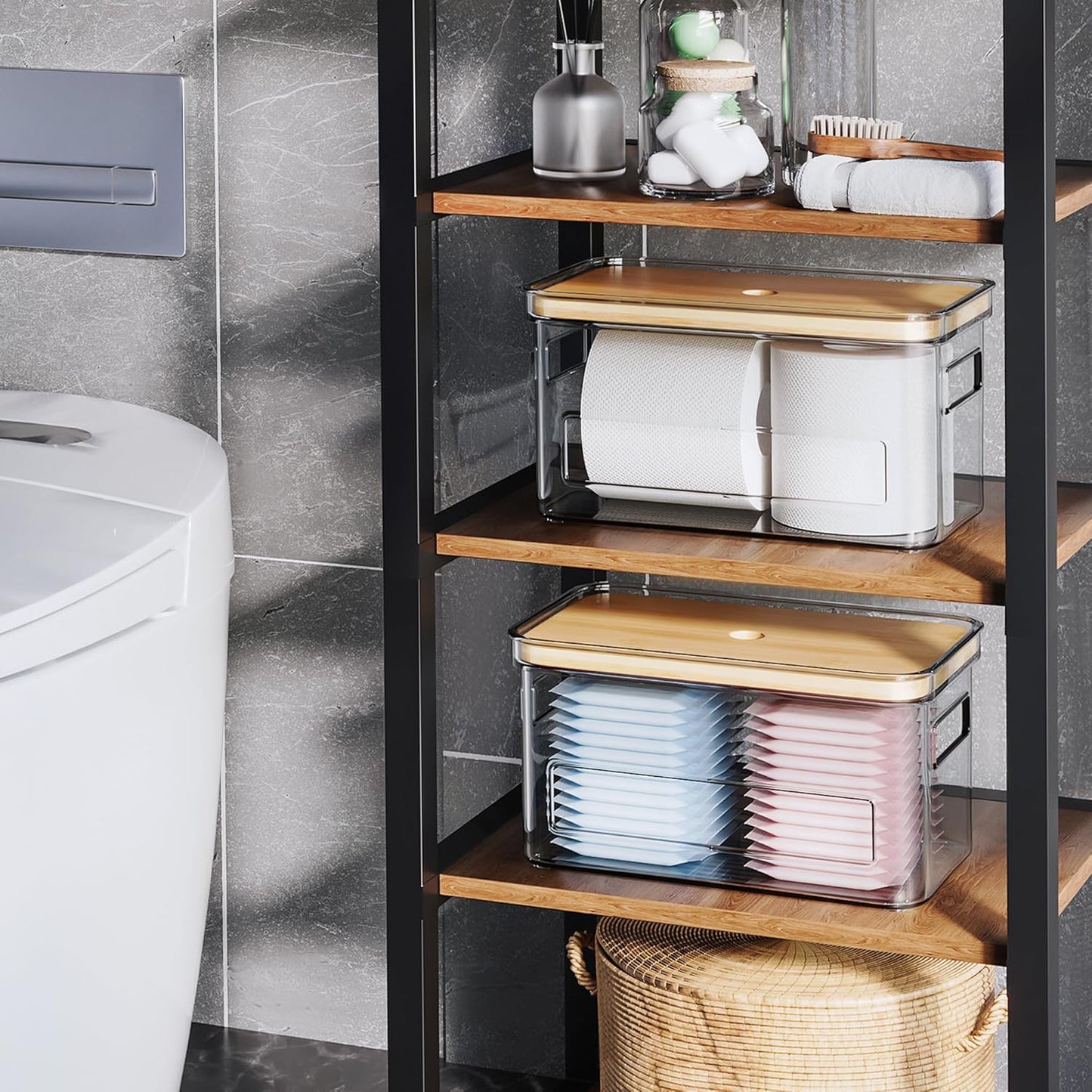 Pantry Organizers and Storage, Acrylic Clear Trash Bag Holder, Kitchen Paper Holder Stackable Toilet Tissue Storage with Bamboo Lid