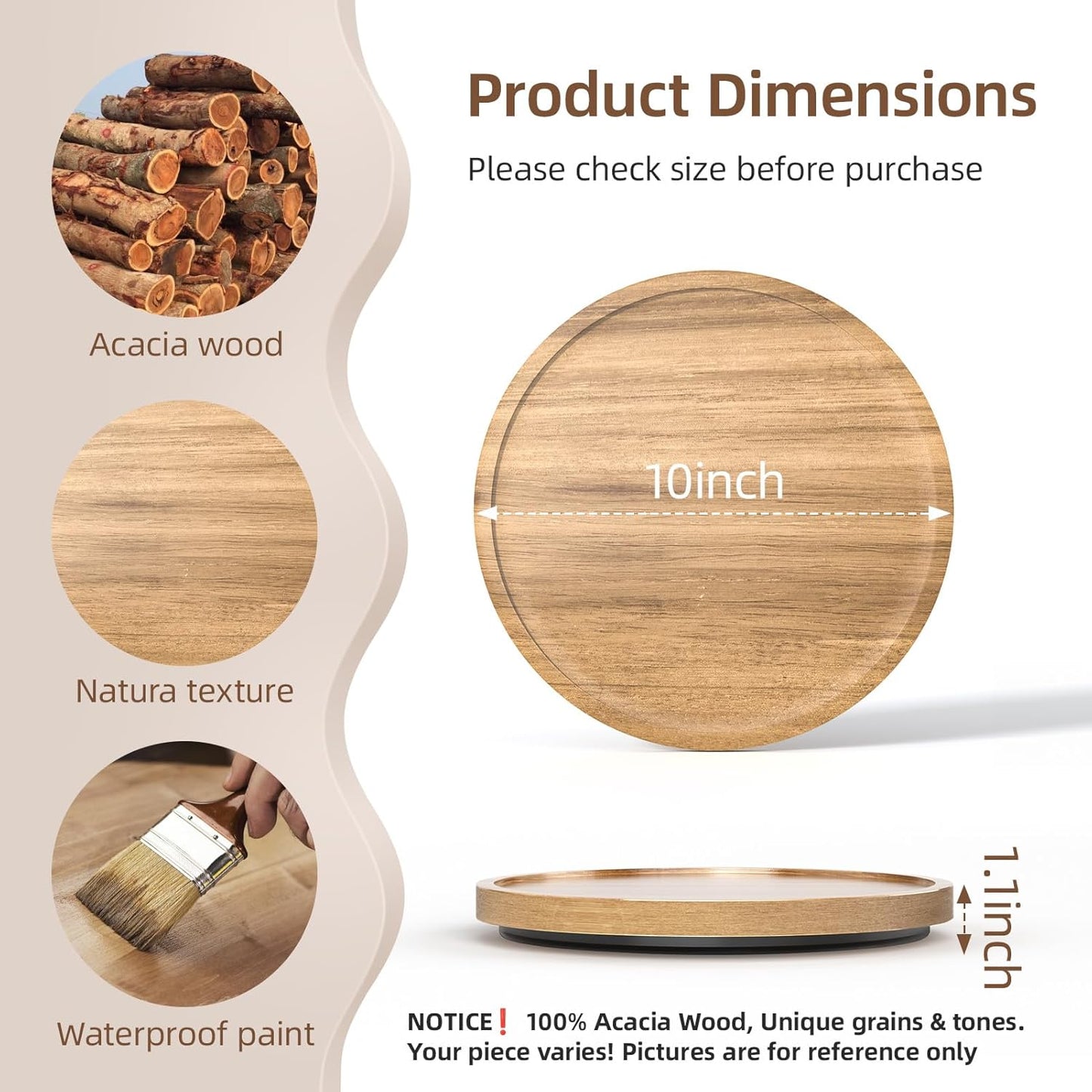 10'' Acacia Wood Lazy Susan Organizer for Table Top, Lazy Susan Turntable for Cabinet, Kitchen, Countertop, Pantry Organization