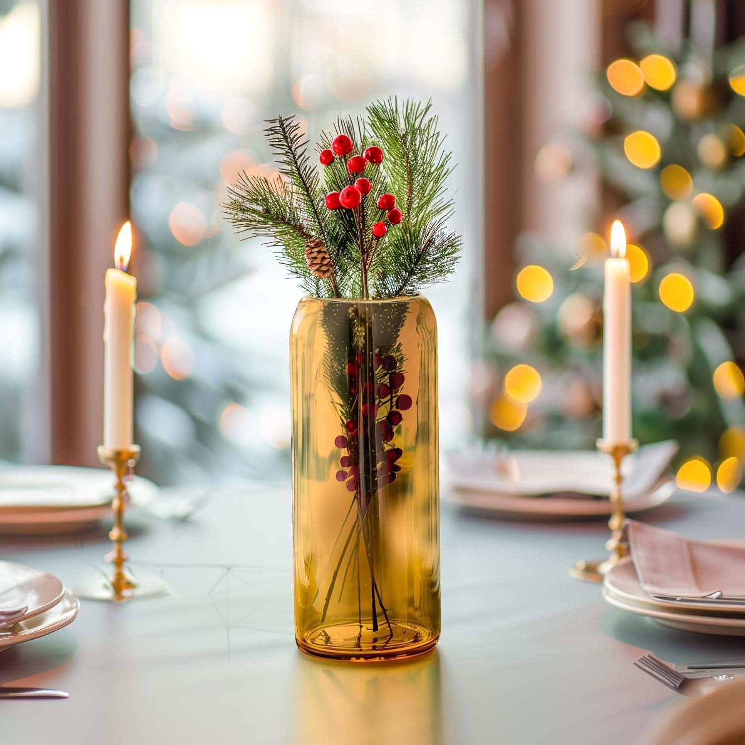 Glass Flower Vase, 8 Inch Tall Bud Vases, Home Decor Vases for Centerpiece for Living Room and Bedroom, Decorative Vases for Wedding, Valentines' Day, Mother'S Day (Amber)