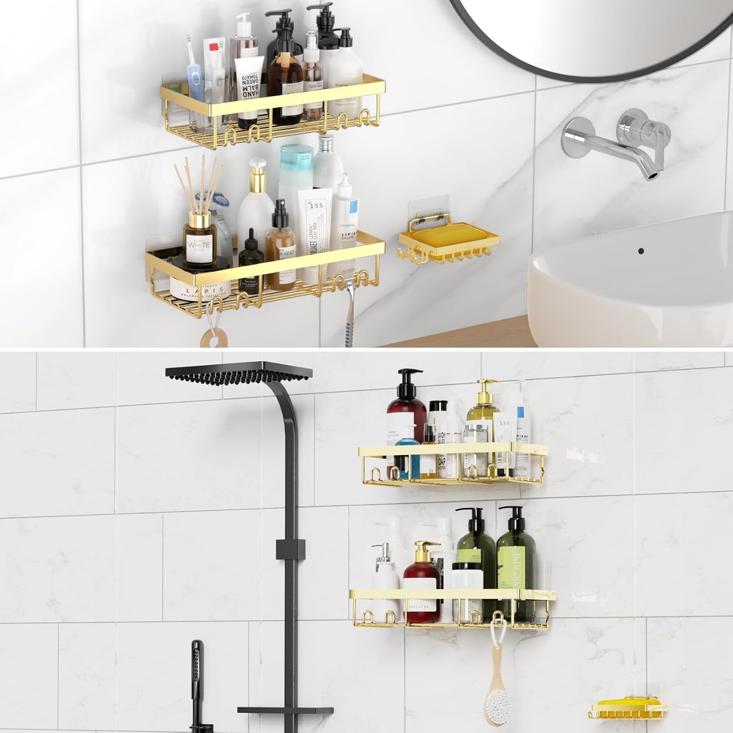 3-Pack Shower Caddy Basket Shelf with Soap Holder, No Drilling Traceless Adhesive Shower Wall Shelves, Rustproof Gold Bathroom Shower Storage Organizer