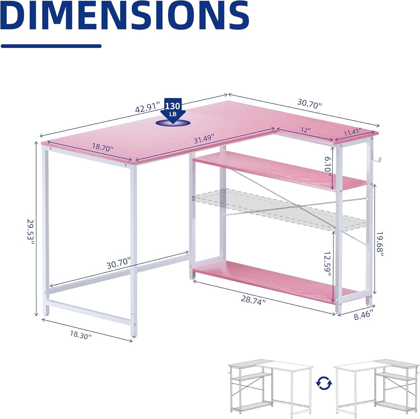 43 Inch L Shaped Computer Desk with Reversible Side Storage Shelves, Small Corner Desk for Small Space Home Office,Writing Study Table PC Desk for Bedroom,Pink with White Leg