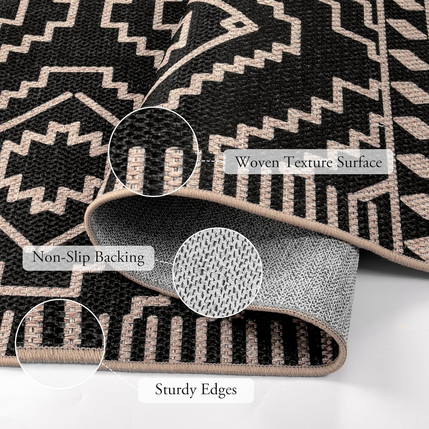 Moroccan Easy Jute Carpet, 3X5 Indoor Outdoor Entryway Patio Rug 3X5 Farmhouse Black Washable Living Room Rug, Non Slip Indoor Outdoor Carpet for Patio Courtyard Deck