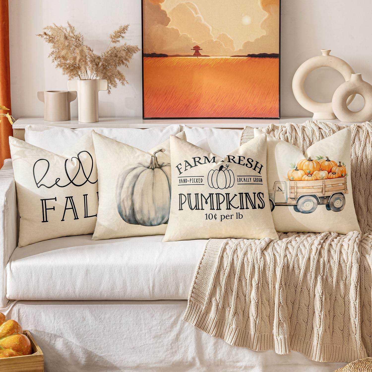 Fall White Pumpkin Throw Pillow Covers 18X18 Inch Thanksgiving Harvest Decorations Cushion Cases for Autumn Sofa Couch Set of 4