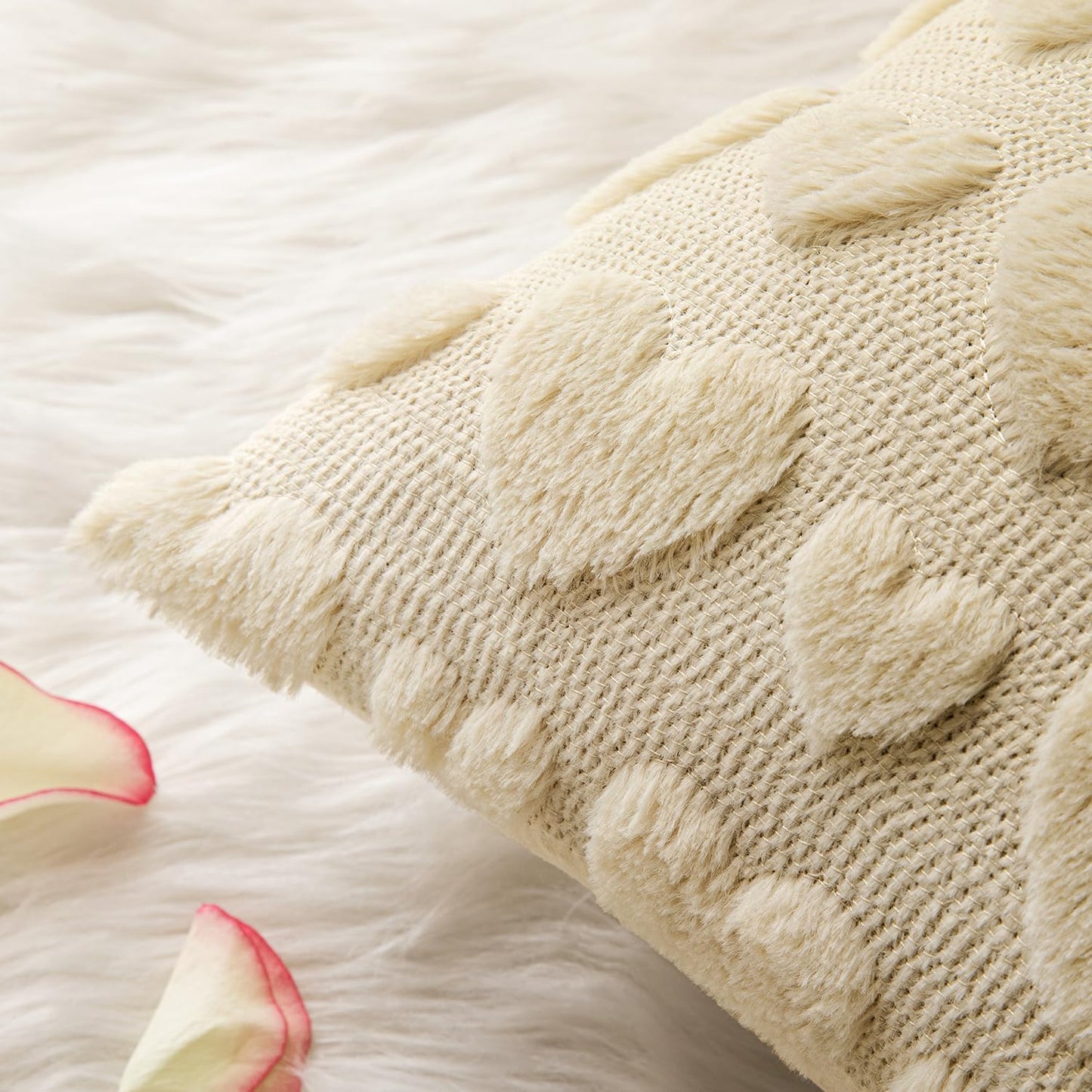 Set of 2 Beige Mothers Day Valentines Pillow Covers Heart Love Decorative Cute Throw Pillows 18X18 Inch Soft Plush Faux Wool Farmhouse for Spring Sofa Livingroom Bed