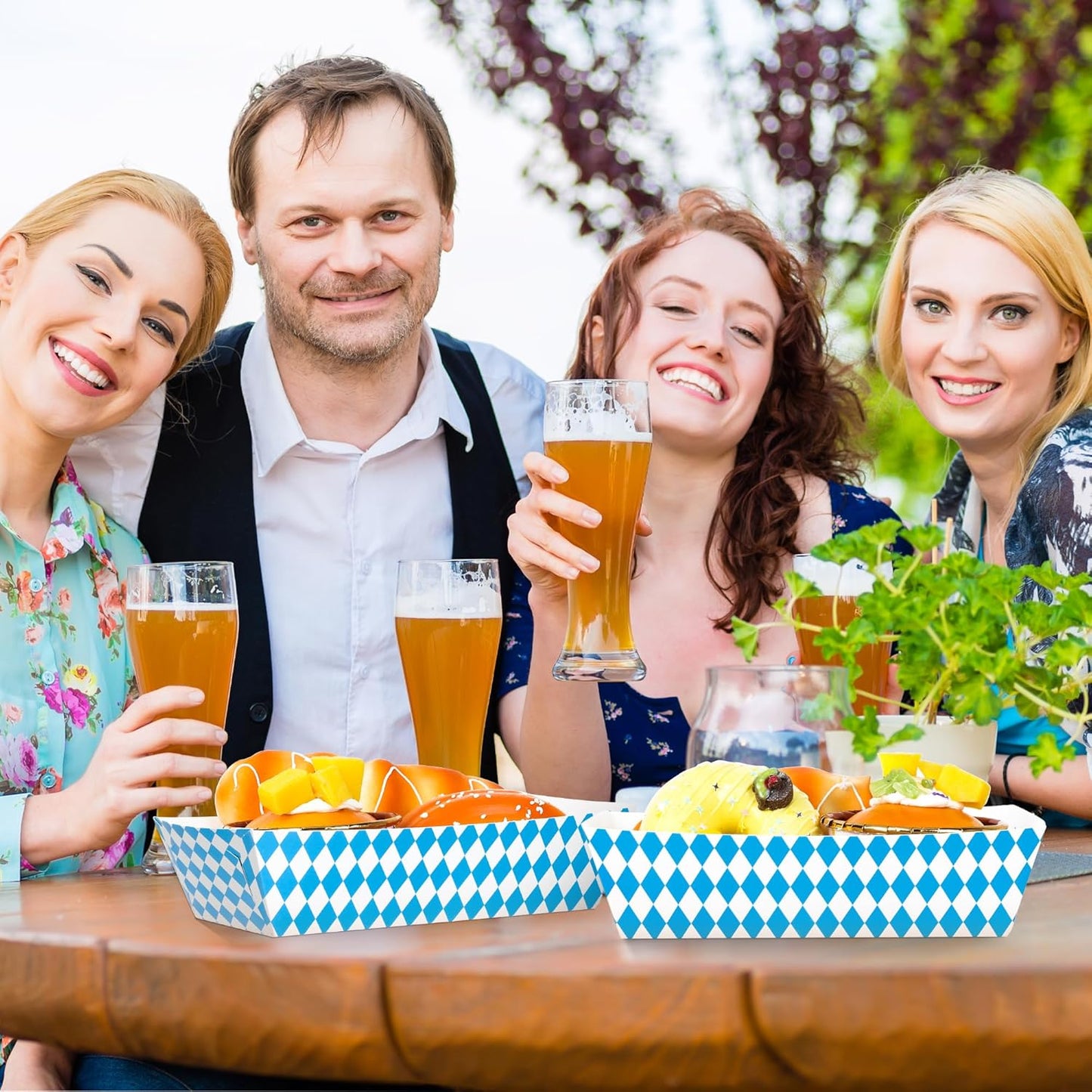 50 PCS Oktoberfest Decorations, Disposable Oktoberfest Paper Food Trays, Fold-To-Assemble Beer Festival Blue White Decoration, Oktoberfest Snacks Take Out Food Serving Trays for German Party Supplies