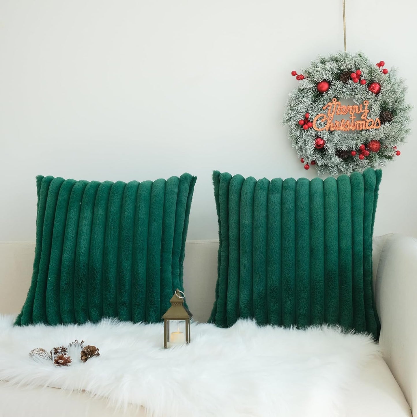 Pack of 2 Faux Fur Plush Decorative Throw Pillow Covers Couch Cushion Case Soft Pillowcases (Dark Green, 20 X 20-Inch)