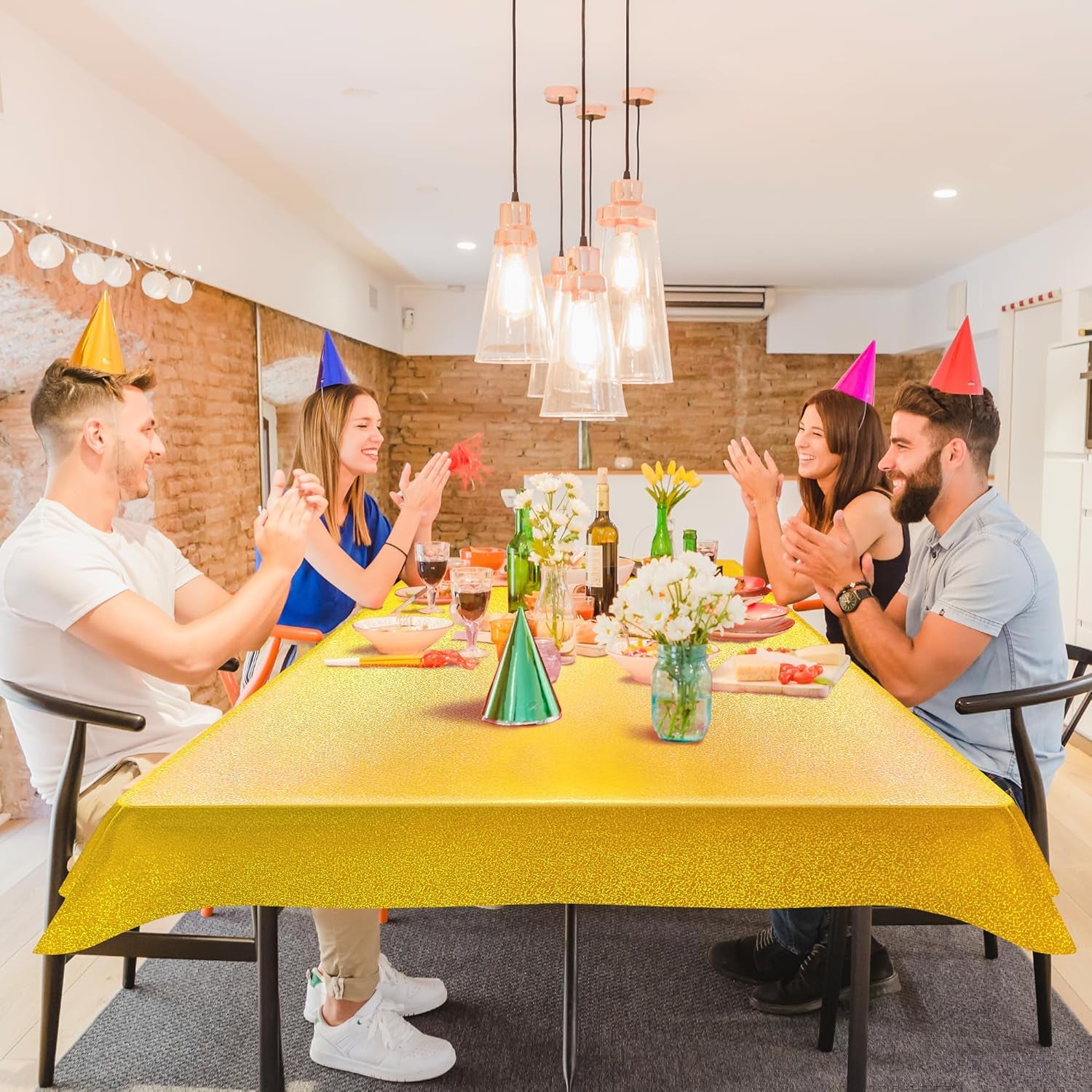 Gold Holographic Tablecloths - Set of 2, 40" x 108", Laser Shiny Plastic Glitter Foil Covers for Christmas, Weddings, Graduations, Baby Showers, 1920s Birthday Parties, and Anniversaries