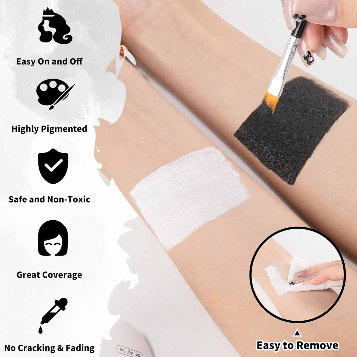 Black + White Face Body Paint Set 3.5Oz/100G, Non-Toxic Professional Facepaint Makeup Kit with 2 Brushes for Kids & Adults Art Theater Halloween Party Cosplay Clown Corpse Goth SFX Makeup