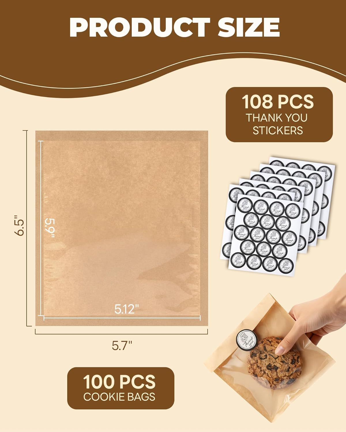 100PCS Cookie Bags with Seal, 5.7X6.5 Inch Individual Cookie Packaging Bags for Gift Giving, Heat Sealable & Grease Proof Bakery Bag with Window, Baked Goods Packaging