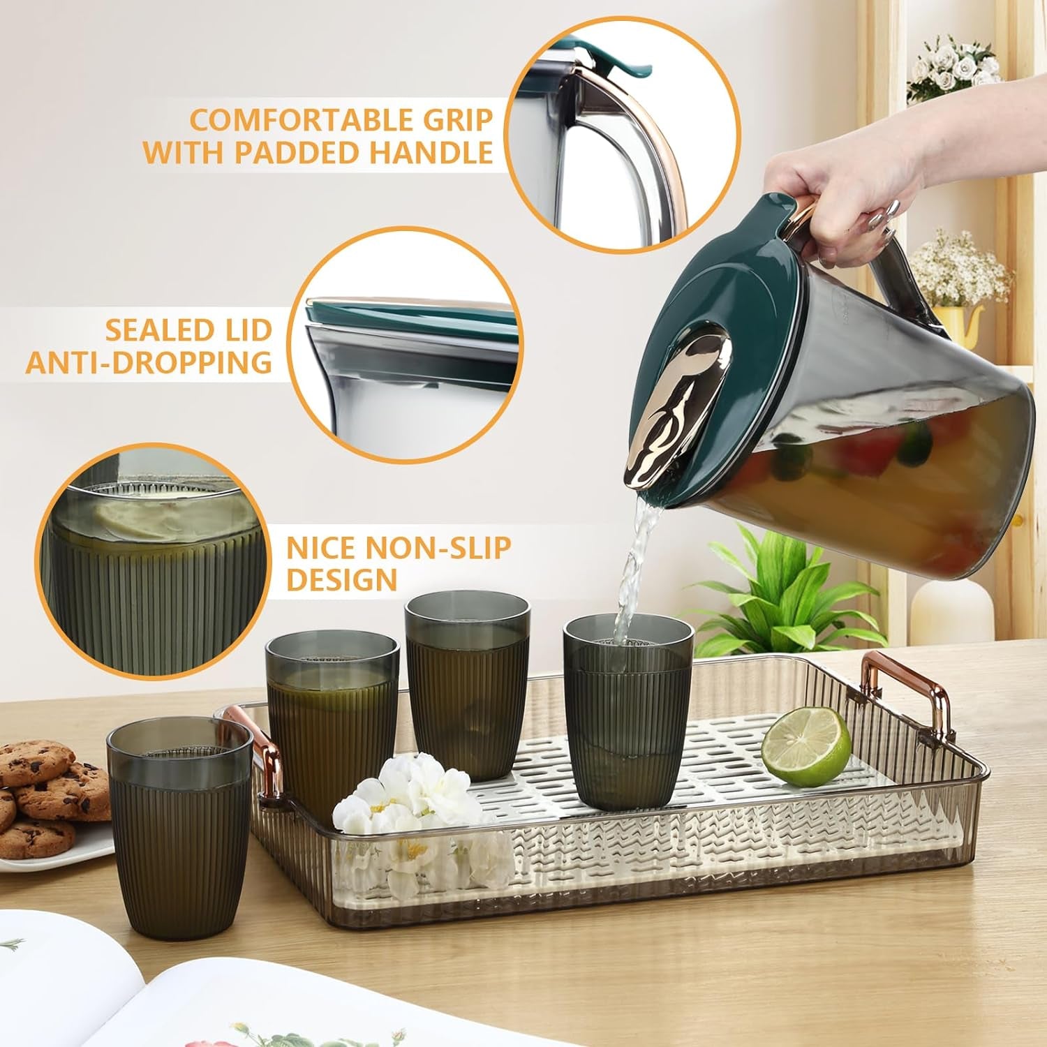 2.1 Liter/70.6 Oz Plastic Water Pitcher with Lid - Iced Tea Pitcher for Fridge and 4 Cups, BPA Free, Shatterproof, Great for Iced Tea, Lemonade, Juice, Green