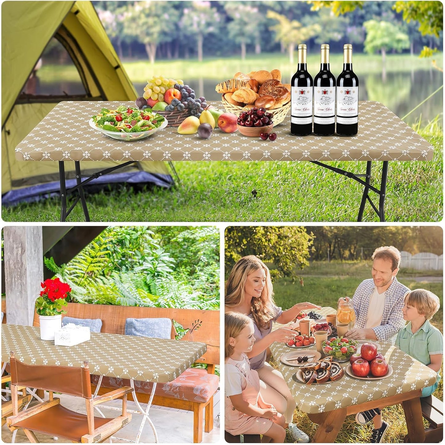 Rectangle Vinyl Table Cloth, Elastic Fitted Tablecloth with Flannel Backing, Waterproof Plastic Table Cover Fits 6 Foot Folding Tables for Camping, Indoor and Outdoor (Khaki, 30" X 72")