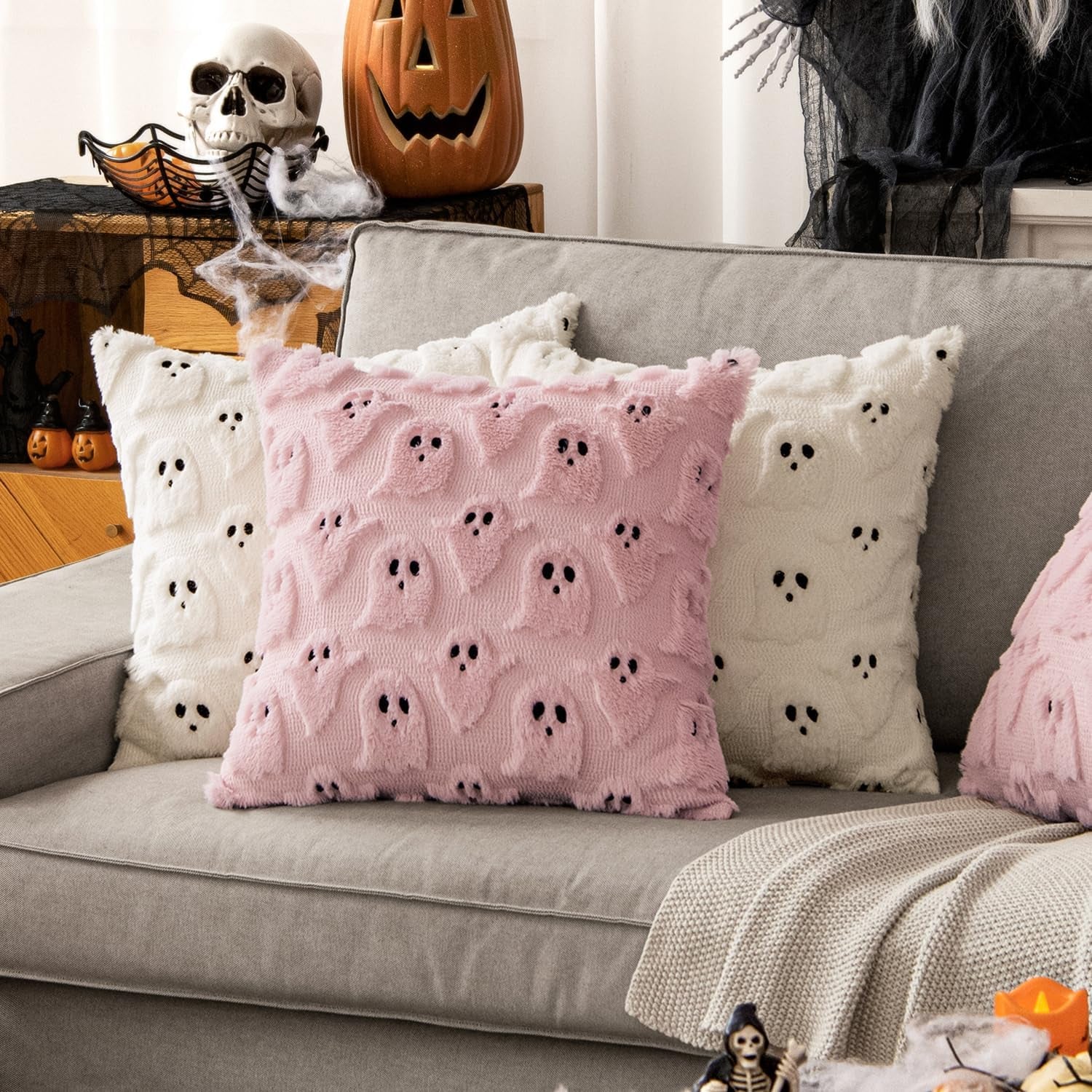 Halloween Decorative Pillow Covers - Set of 2 Soft Plush Faux Fur Ghost Design Cushions for Couch, Sofa, Bed, and Porch - 18x18 Inch Cream White