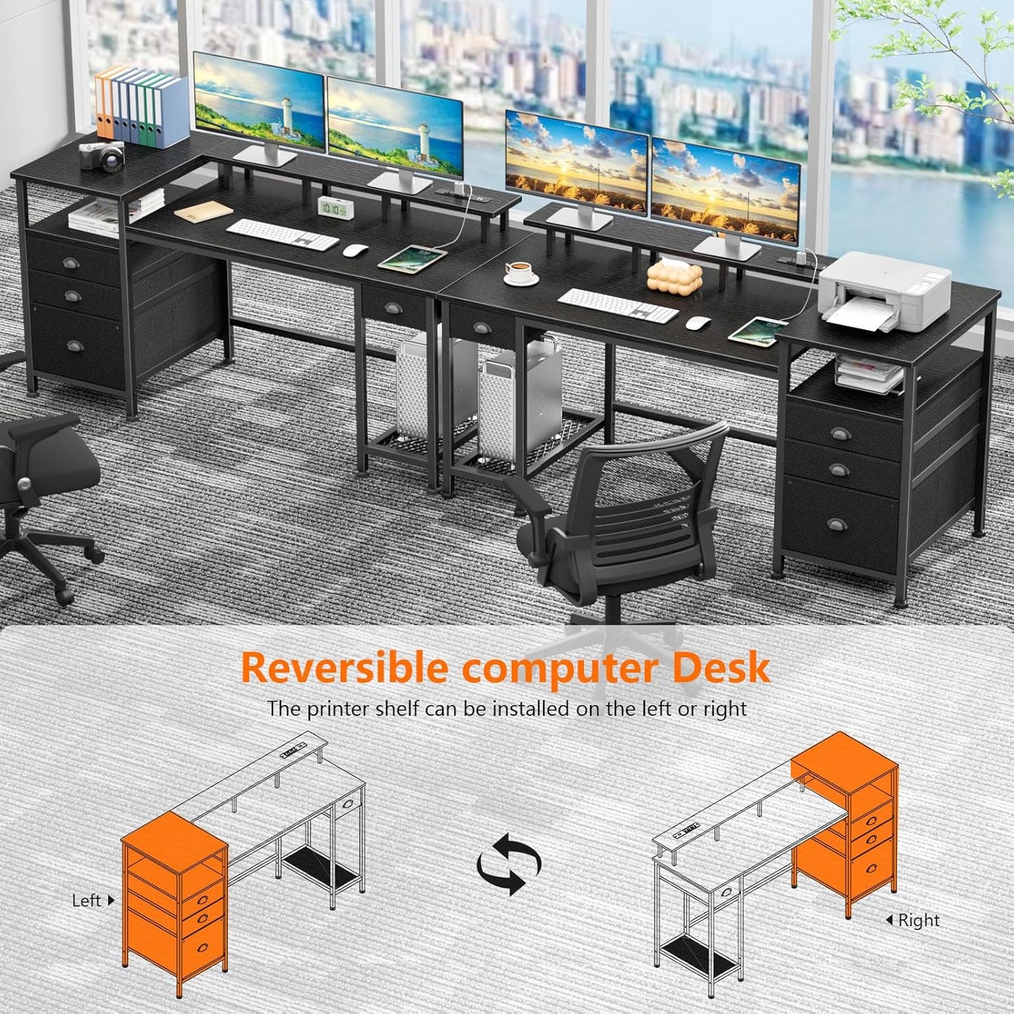 60" Black Computer Desk with 4 Drawers and Printer Space, Gaming Desk with LED Lights and USB Power Outlets, Home Office Desk with Fabric File Cabinet,Study Work Table with Shelf for Bedroom
