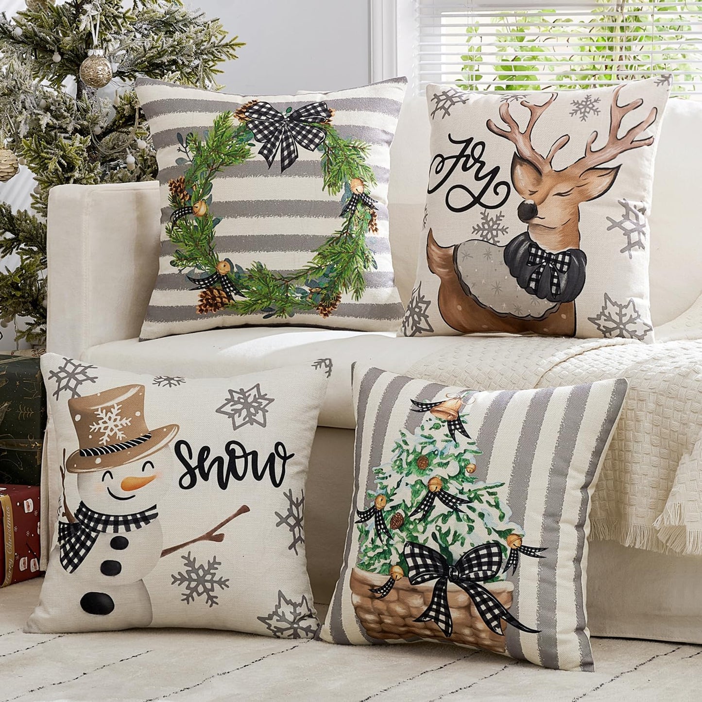 Set of 4 Holiday Grey Decorative Pillow Covers 18X18 Inch Snowman Elk Merry Christmas Throw Pillow Cases Winter Seasonal Cushion Cases Home Decors for Sofa Couch Bedroom