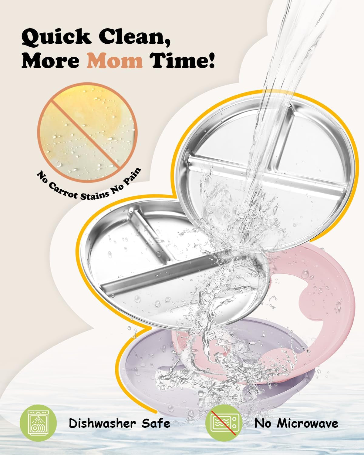 Stainless Steel Toddler Suction Plate with Lid, Deeper 9" Divided Plates with Removable Silicone Sleeves for Kids, Non Toxic & BPA Free | Unbreakable Baby Snack Dishes Set of 2, Pink & Lilac