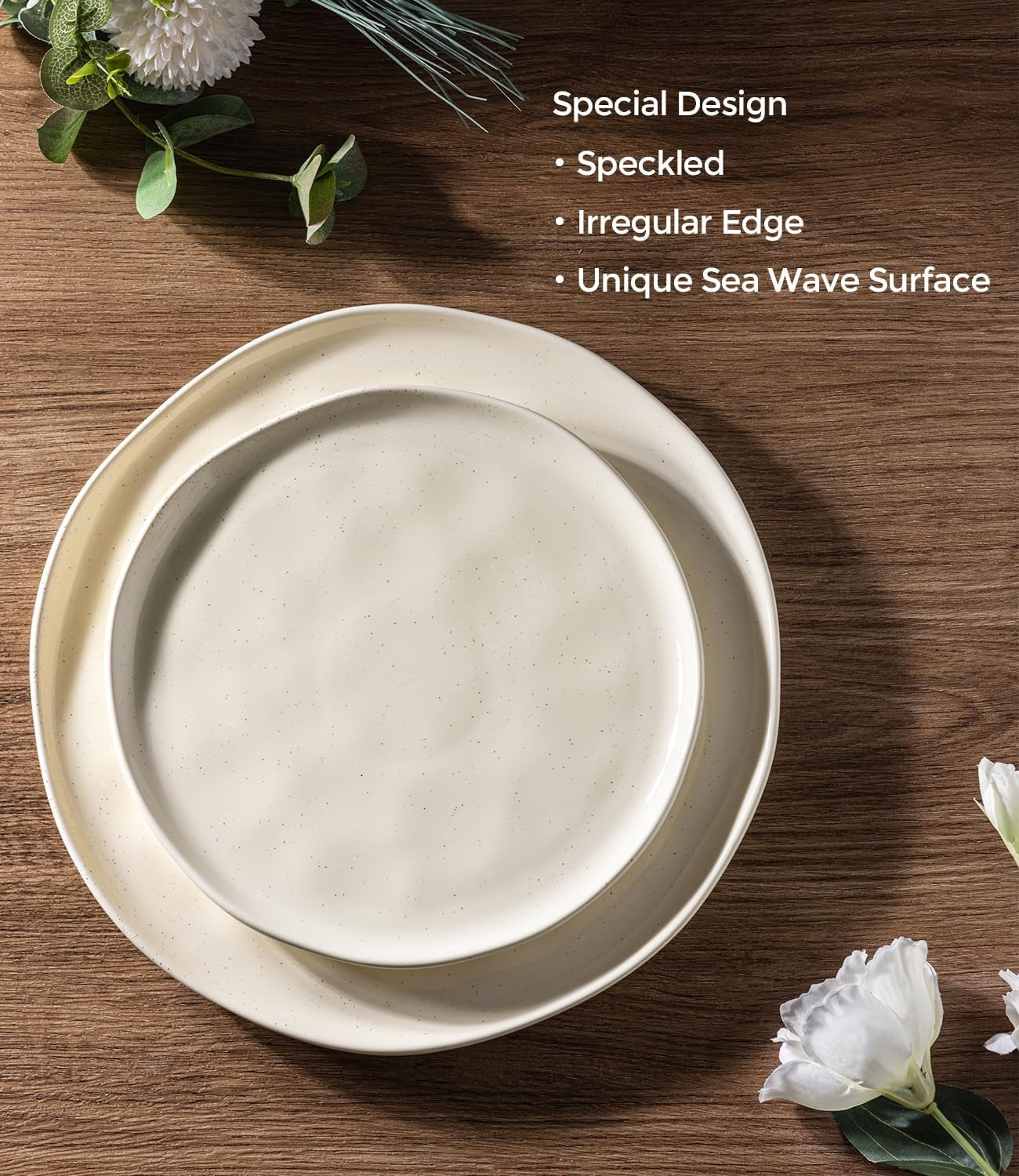 Ceramic Dinnerware Set for Four, 12-Piece Porcelain Collection, Lightweight and Scratch-Resistant, Oven, Microwave, and Dishwasher Safe, Beige Speckled Finish