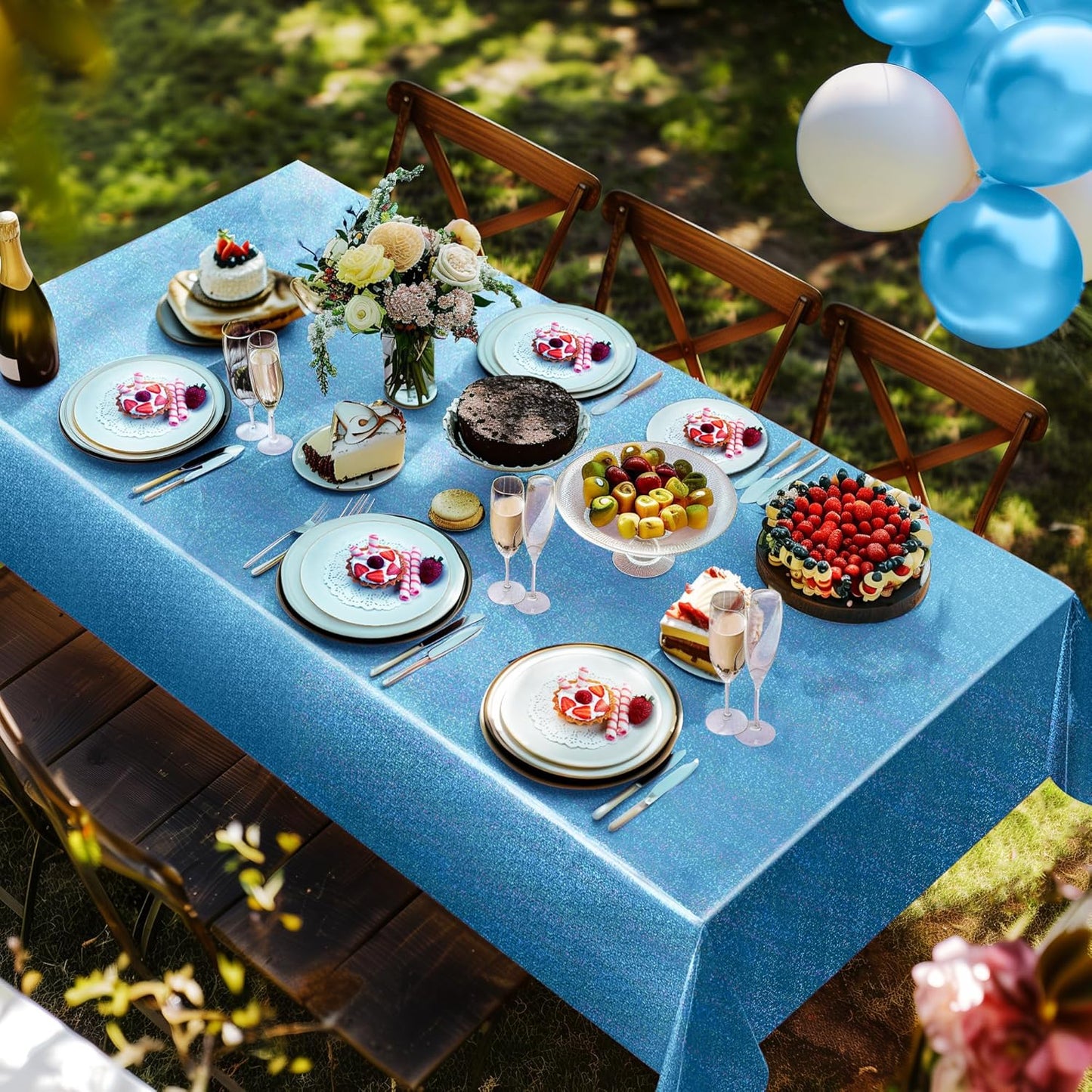 Set of 2 Blue Holographic Foil Tablecloths, 54x108 Durable Table Covers for Elegant Events, Ideal for Parties, Weddings, and Showers