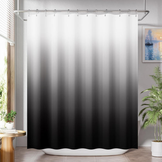 Shower Curtain, Cloth Ombre Black Shower Curtain Set with 12 Hooks, Washable Fabric Black and White Shower Curtain, Rustic Farmhouse Bathroom Shower Curtain, 72X72 Inches
