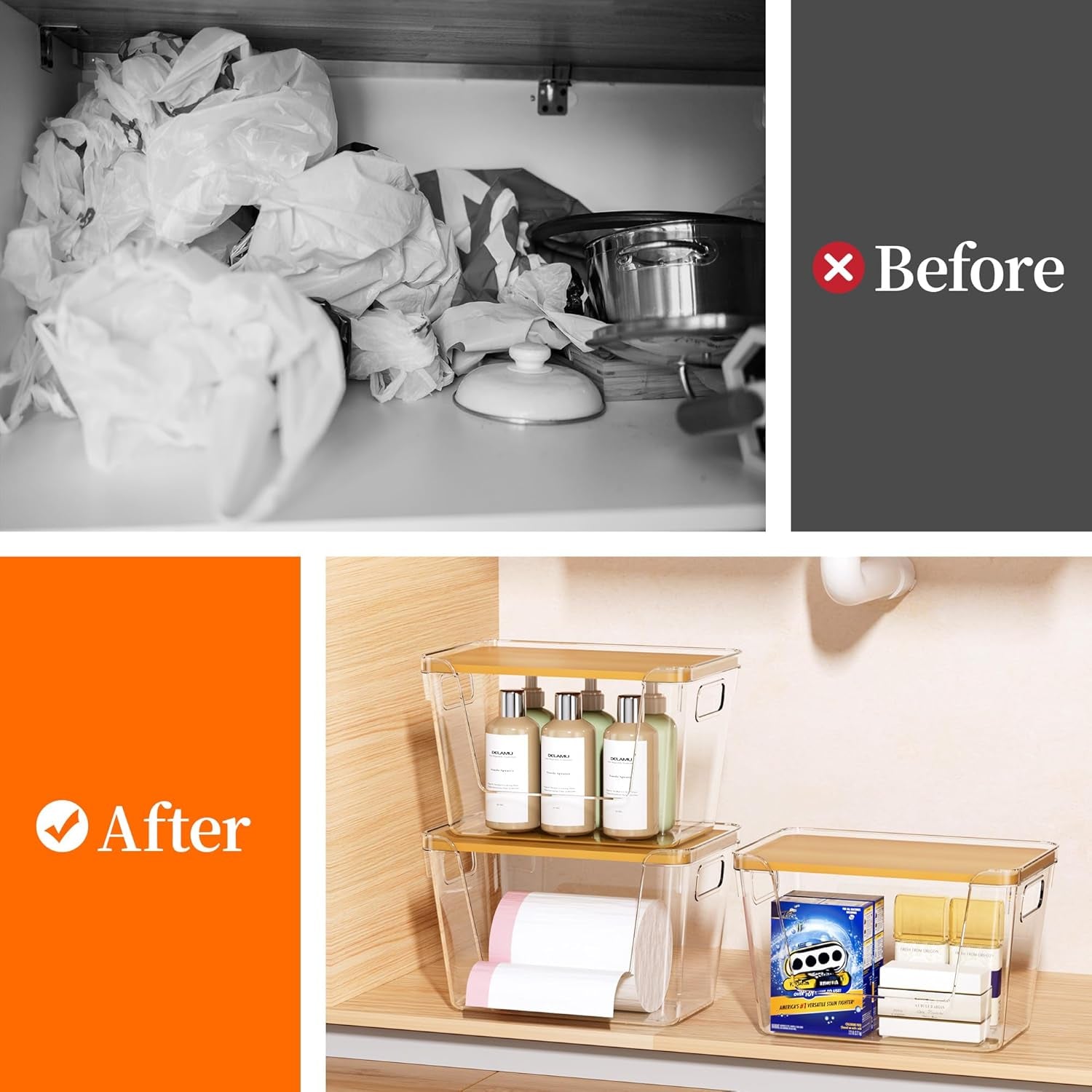 2 Pack Trash Bag Dispenser with Bamboo Lid,Clear Plastic Garbage Bag Organizer for 4-33 Gal Bags,Space-Saving under Sink Organizer for Kitchen, Laundry, Pantry