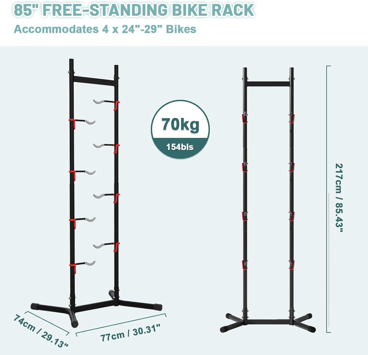 2-4 Bike Storage Rack Garage Max154Lbs, Freestanding Indoor Bike Rack with Adjustable Hooks, Vertical Bike Floor Stand for Road, Mountain and Hybrid Bike, Black