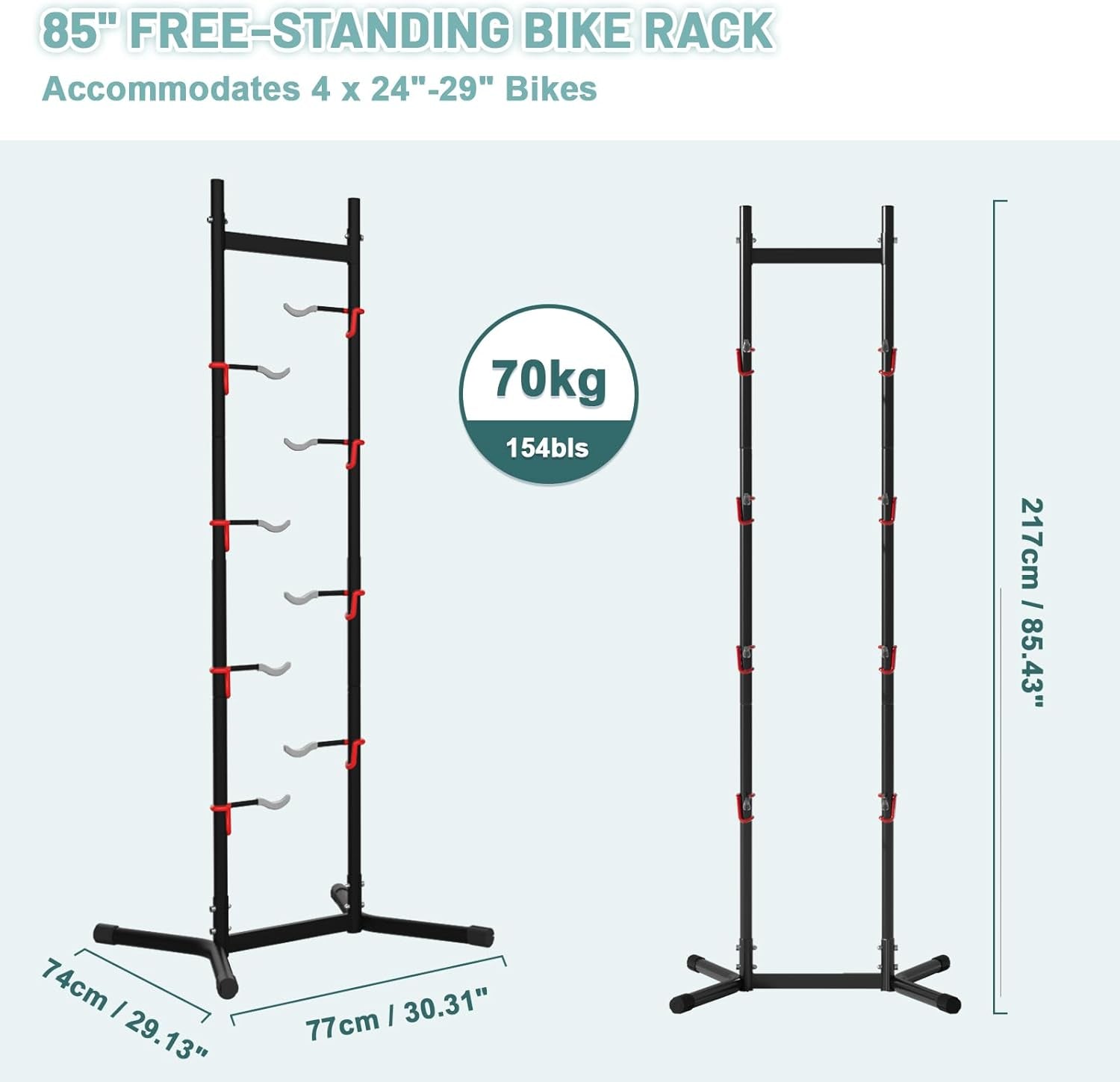 2-4 Bike Storage Rack Garage Max154Lbs, Freestanding Indoor Bike Rack with Adjustable Hooks, Vertical Bike Floor Stand for Road, Mountain and Hybrid Bike, Black