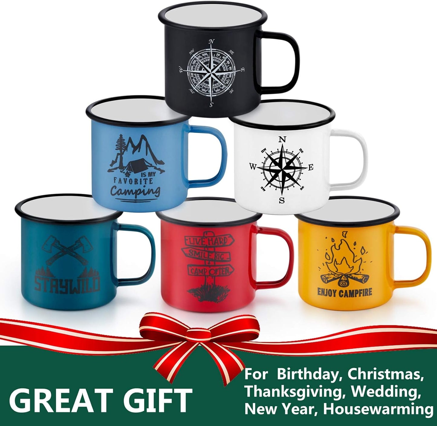 16 Oz Enamel Mug Coffee Cup Set of 6, Camping Enamel Mug with Patterns & Handle for Tea Soup Milk, Corlorful Gift for Camp Home Office, Lightweight & Durable