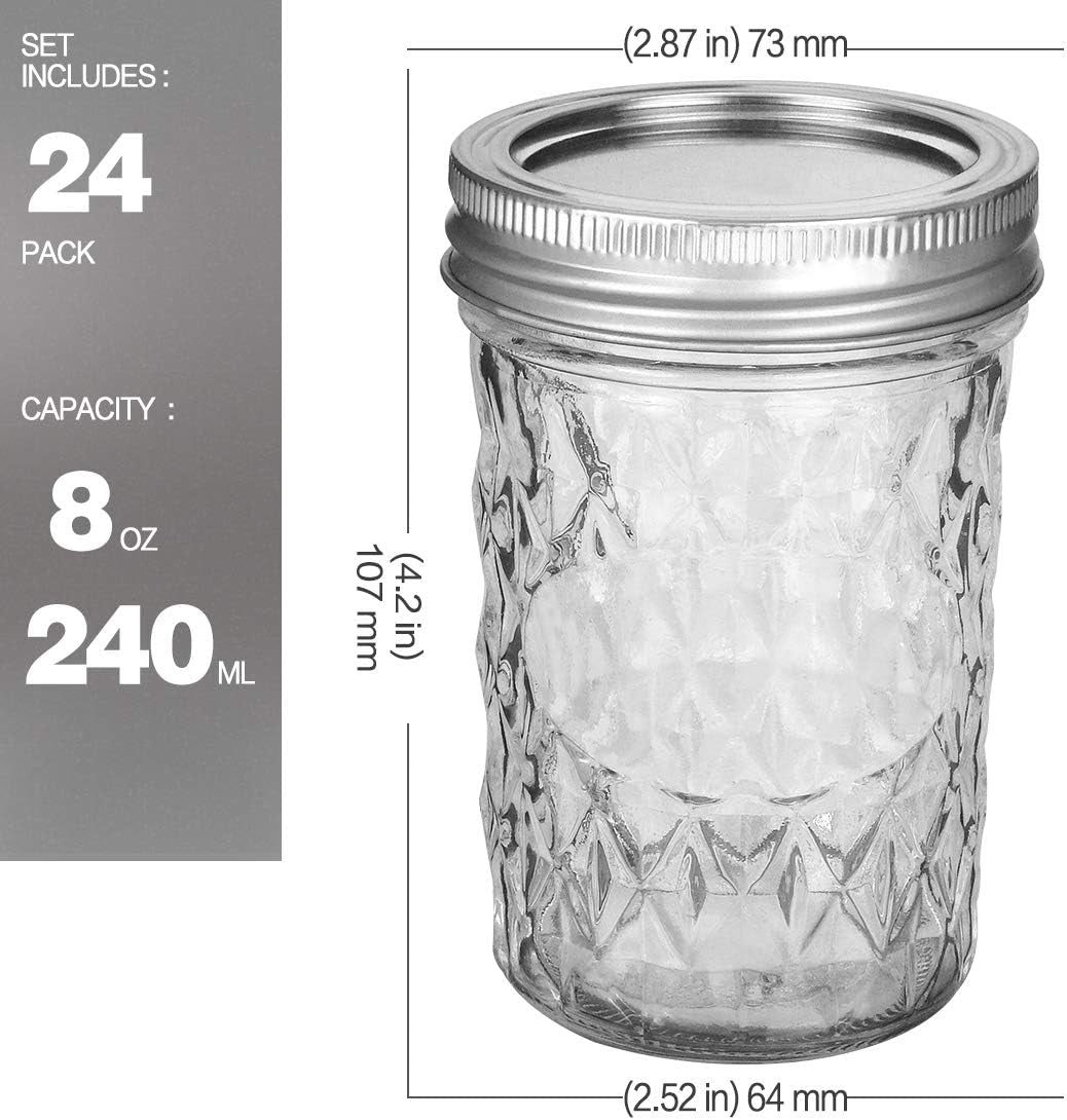 8 oz Mason Jars - 24 Pack Canning Jars with Regular Lids and Bands, Perfect for Jam, Honey, and Event Favors