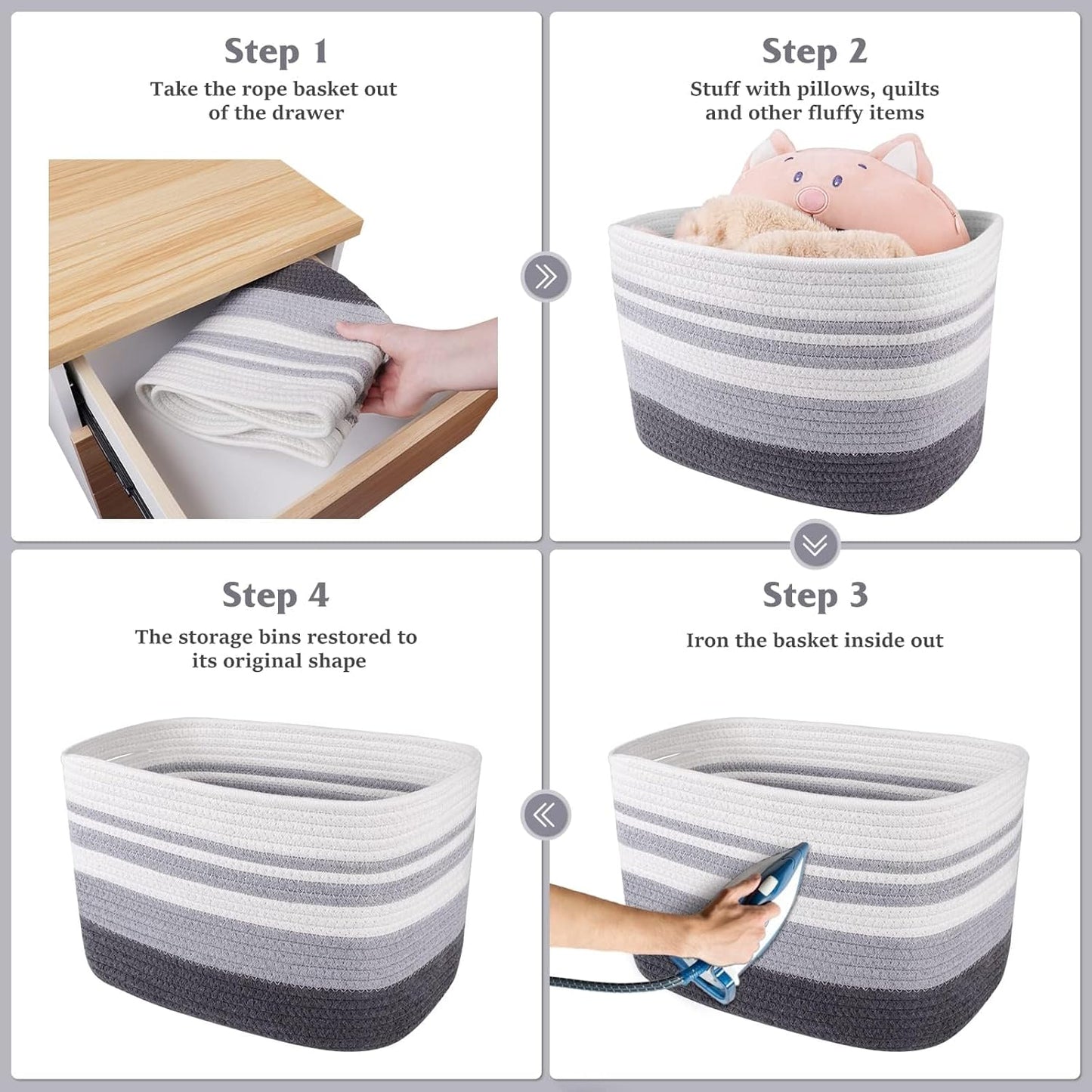 Storage Basket 3 Pack, Laundry, Blanket, Cotton Rope and Woven Baskets for Organizing, Toy Storage for Living Room, Laundry Room, Bedroom, Nursery, Grey