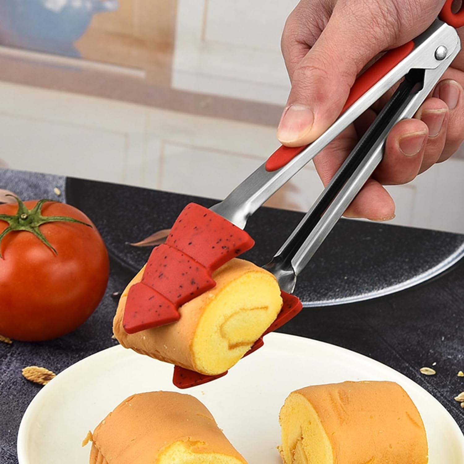 Christmas Kitchen Tongs, 2 Pack 10" Professional Stainless Steel Metal Tongs – Heat-Resistant for Grilling, BBQ, Serving Salad, Pasta, and Kitchen Use, Dishwasher Safe, Red