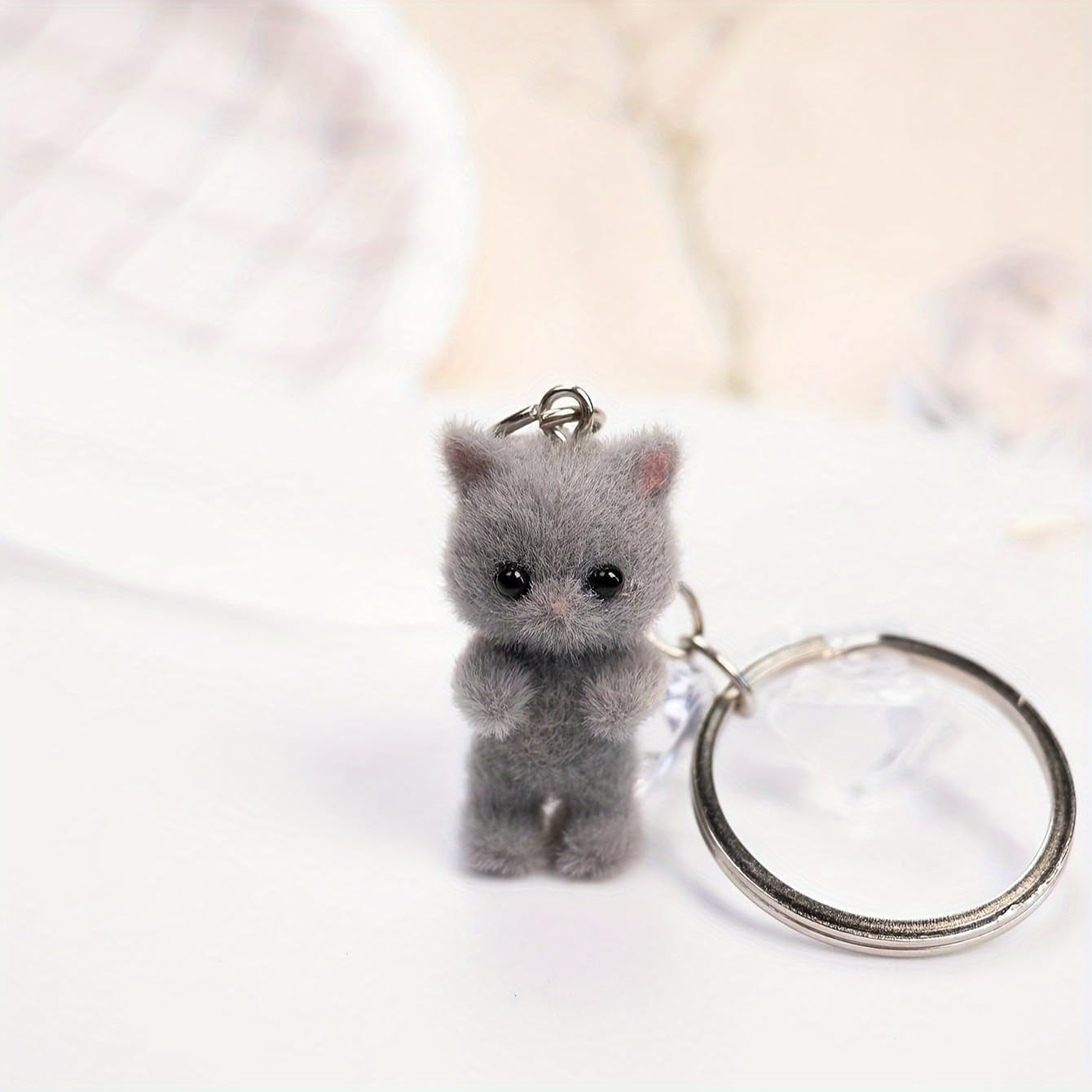 Cute Cat Keychain Fluffy Gray Kitten Animal Resin Key Chain Ring Purse Bag Backpack Charm Earbud Case Cover Accessories