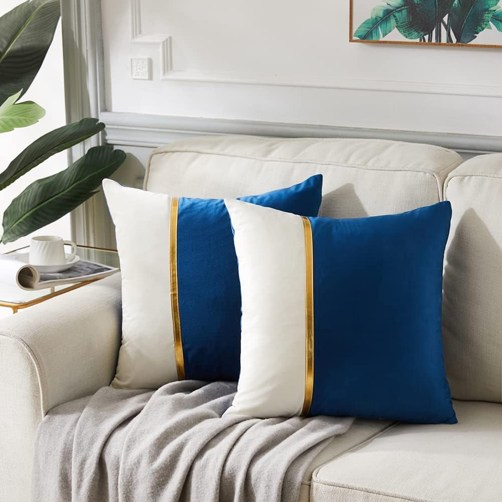 4 Packs Blue Decorative Throw Pillow Covers 16X16 Inch for Living Room Couch Bed, Royal Blue and White Velvet Patchwork with Gold Leather, Luxury Home Decor Square Cushion Case 40X40 Cm