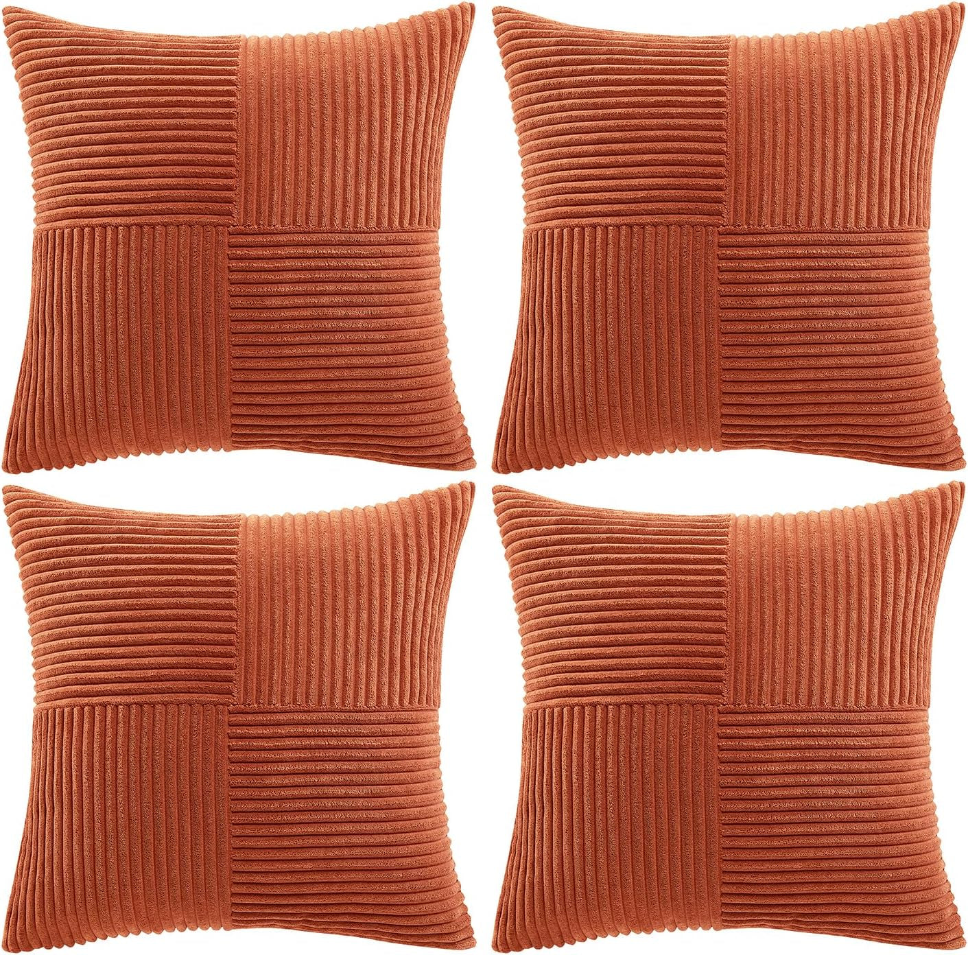 Set of 4 Burnt Orange Decorative Throw Pillow Covers 18X18 Inch for Living Room Couch Bed, Boho Farmhouse Fall Home Decor, Soft Textured Corduroy Cross Patchwork Cushion Case 45X45 Cm