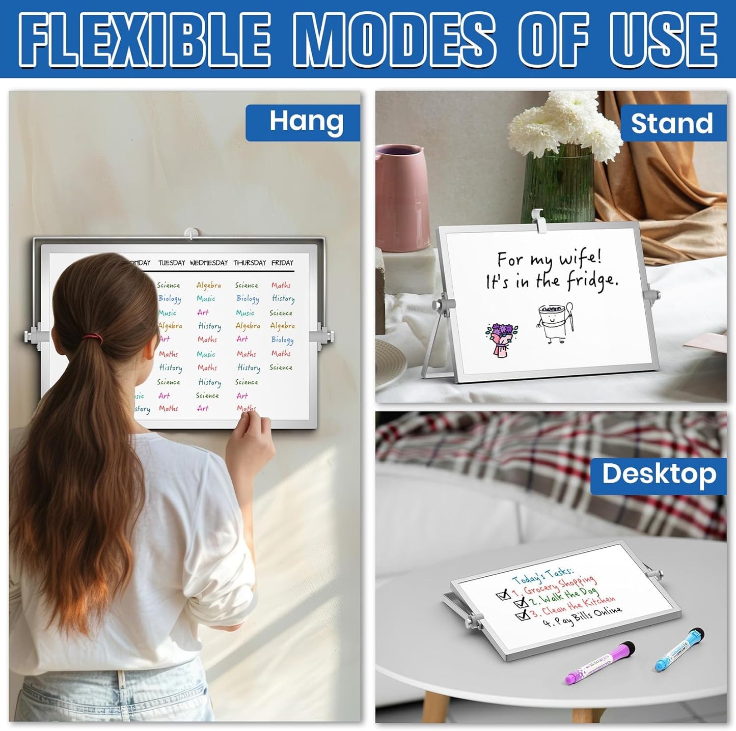 Magnetic Dry Erase White Board with Stand, 12''X8'' Double-Sided White Board for Kids, Desktop Whiteboard with Stand, Magnetic Whiteboard Portable, Dry Erase Board for Kids, Todo, Drawing