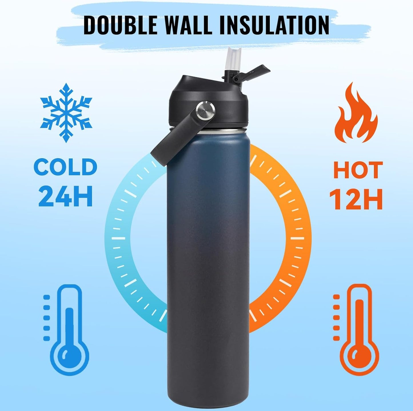24Oz Insulated Stainless Steel Water Bottle, Wide Mouth Double Wall Vacuum, Silicone Straw, Sweat & Leak Proof, BPA Free Insulated Water Flask for Travel, Keep Cold 24H Hot 12H, Blue