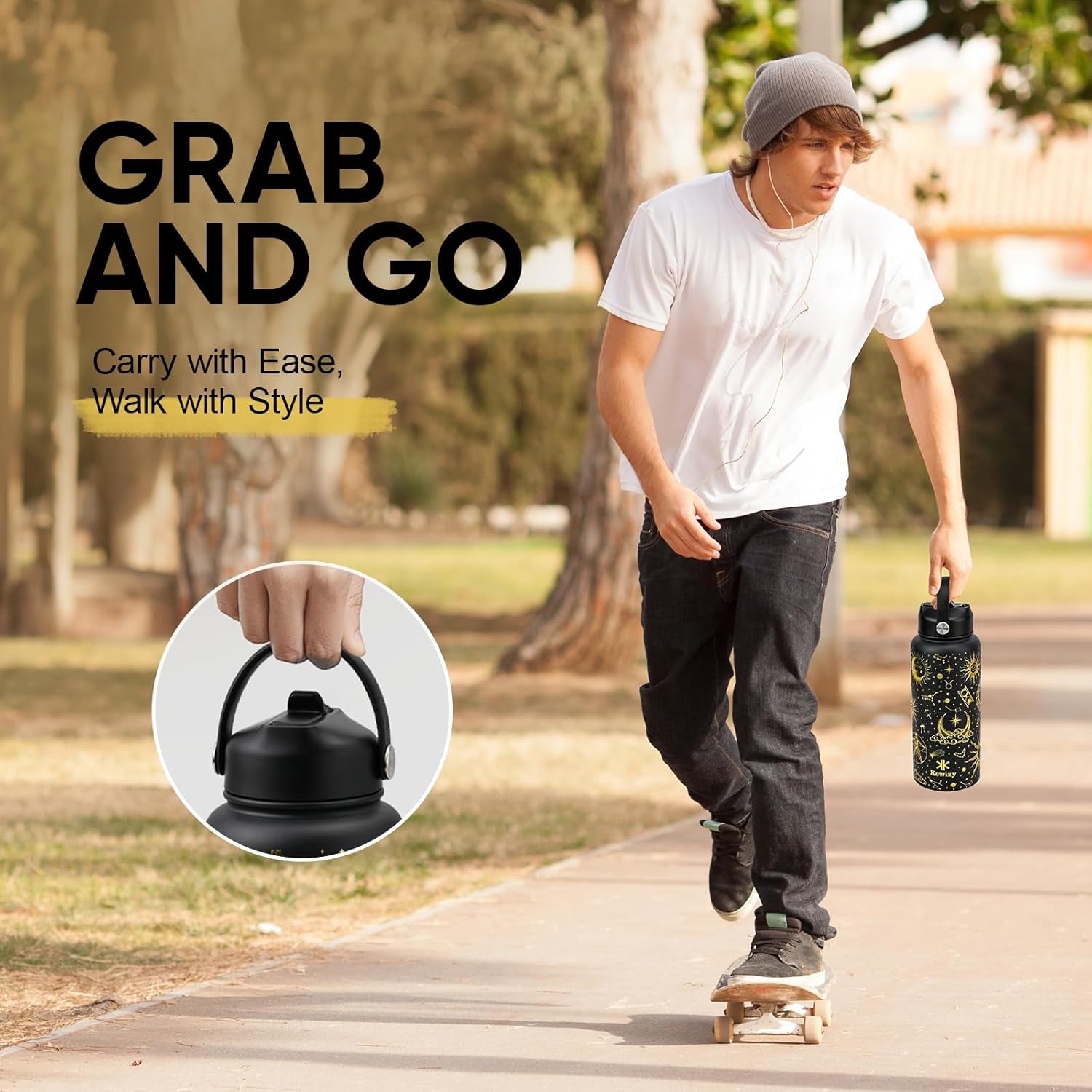 32 Oz Insulated Stainless Steel Water Bottle with Flip Straw and Handle, Leak Proof, Reusable, Wide Mouth Design - Golden Sparkle for Travel, Gym, and School