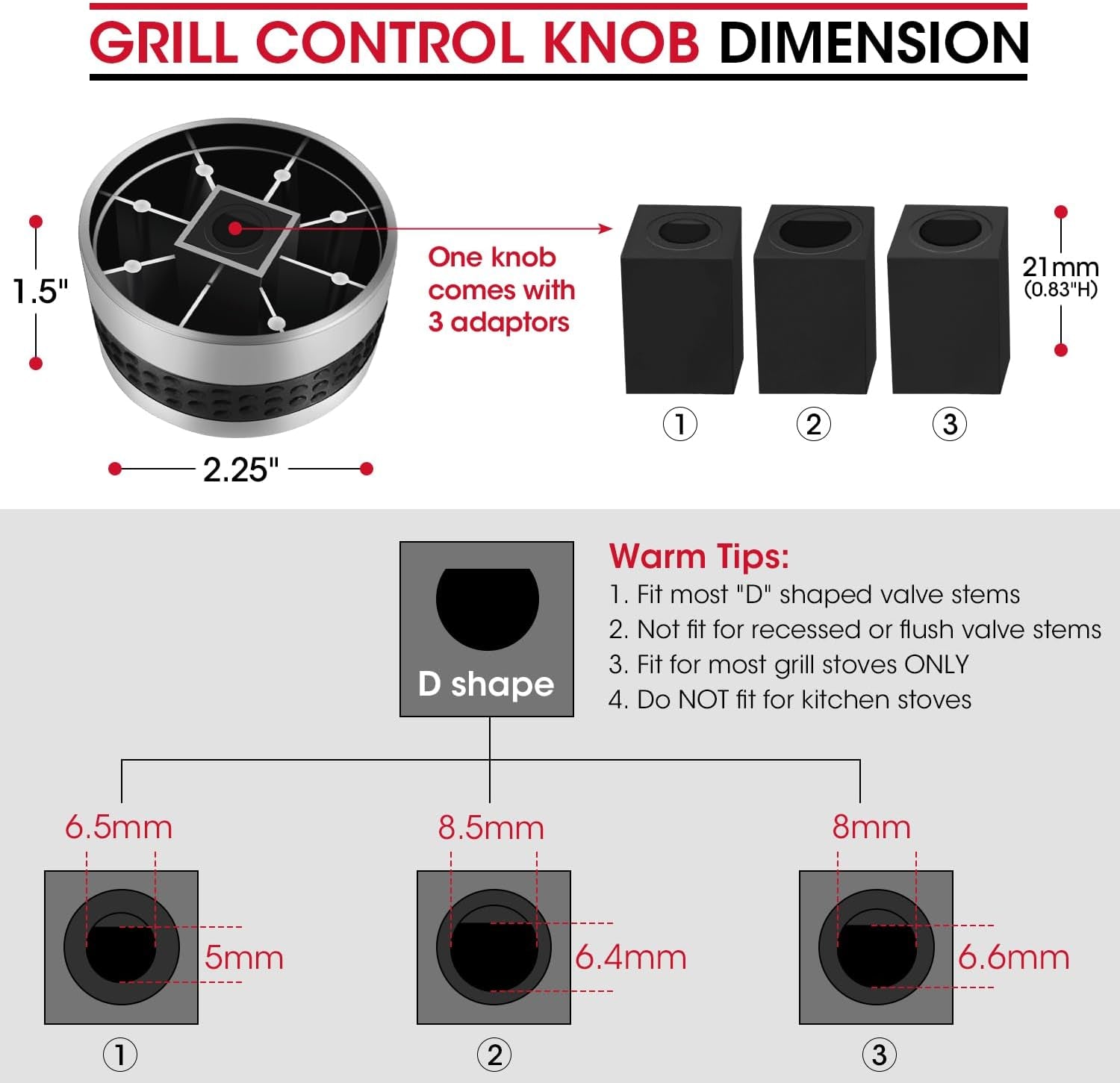 2 Pack Grill Control Knobs Replacement, Chrome Plated Plastic with Nonslip Grip, Fit BBQ Gas Grills with D Shaped Valve Stem, NOT Fit Recessed Flush Valve Stem, Include 2 Knobs and 6 Adaptors
