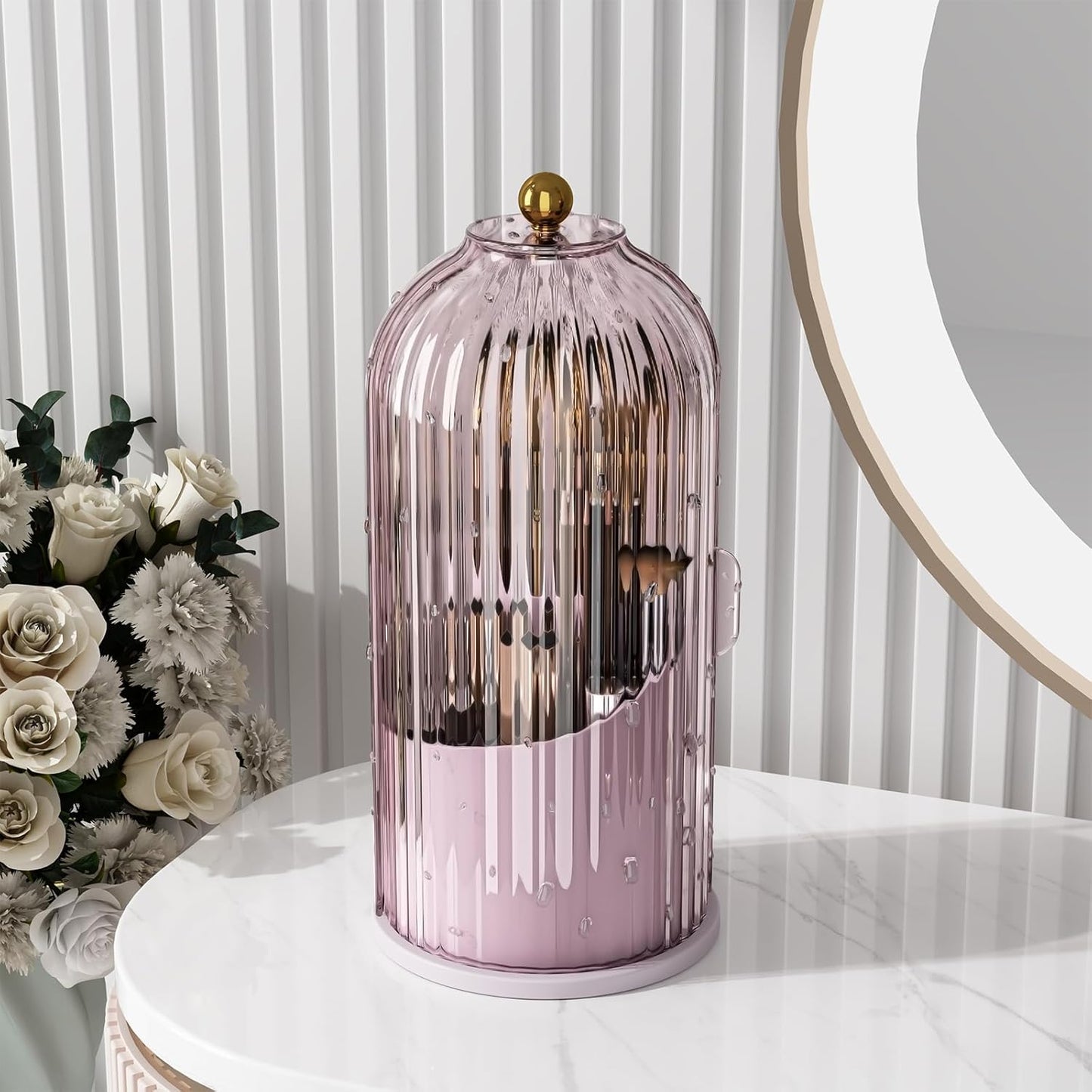 Makeup Brush Holder with Lid Cosmetic Tools Organizer 360 Rotating Waterproof Dustproof Beauty Brushes Storage for Vanity, Pink-Purple