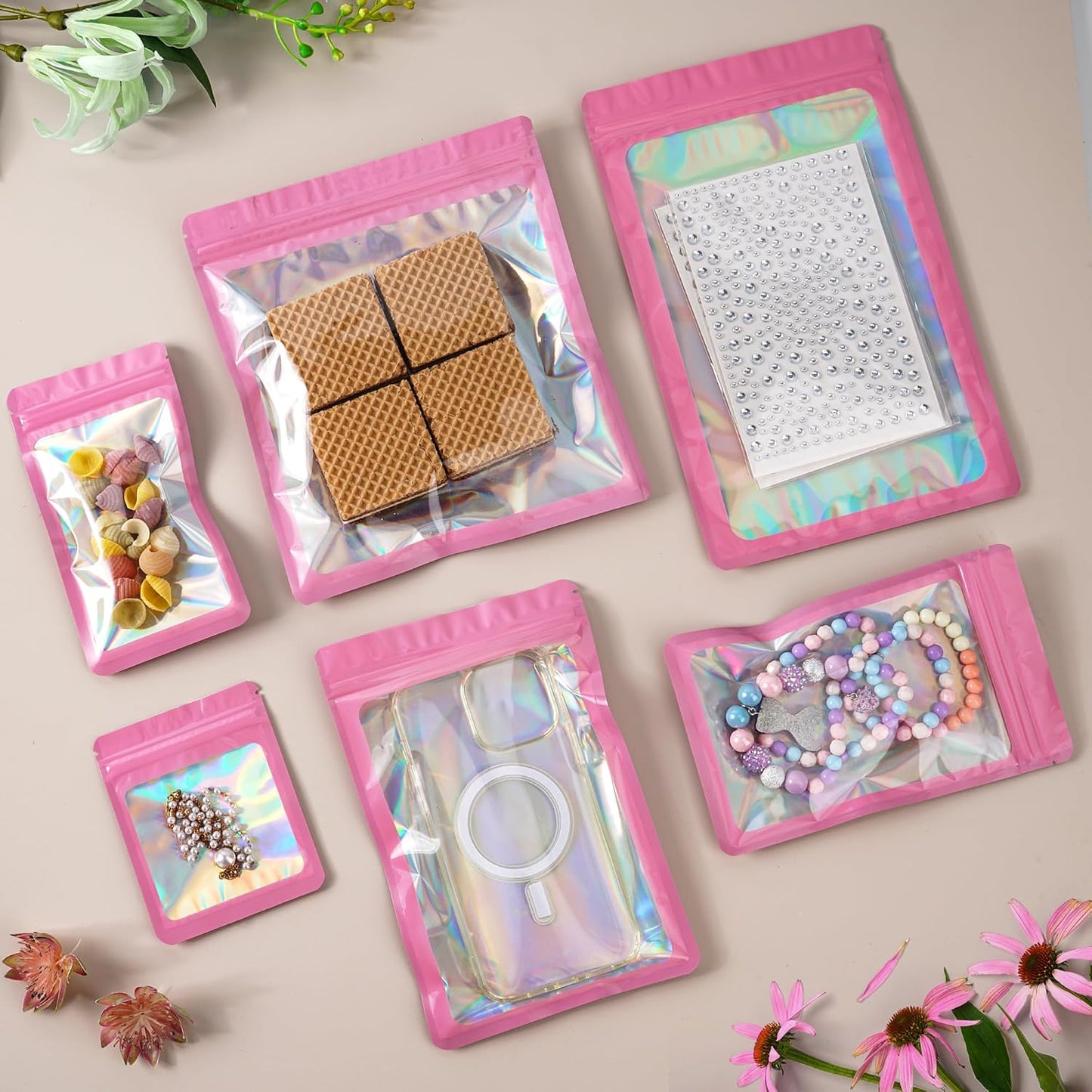 100-Pack 2×2 Inch Mylar Bags with Clear Window Holographic Resealable Sealable Packaging Zip Bag for Small Bussiness Jewelry Candy Sample Food Packing Supplies (Pink)