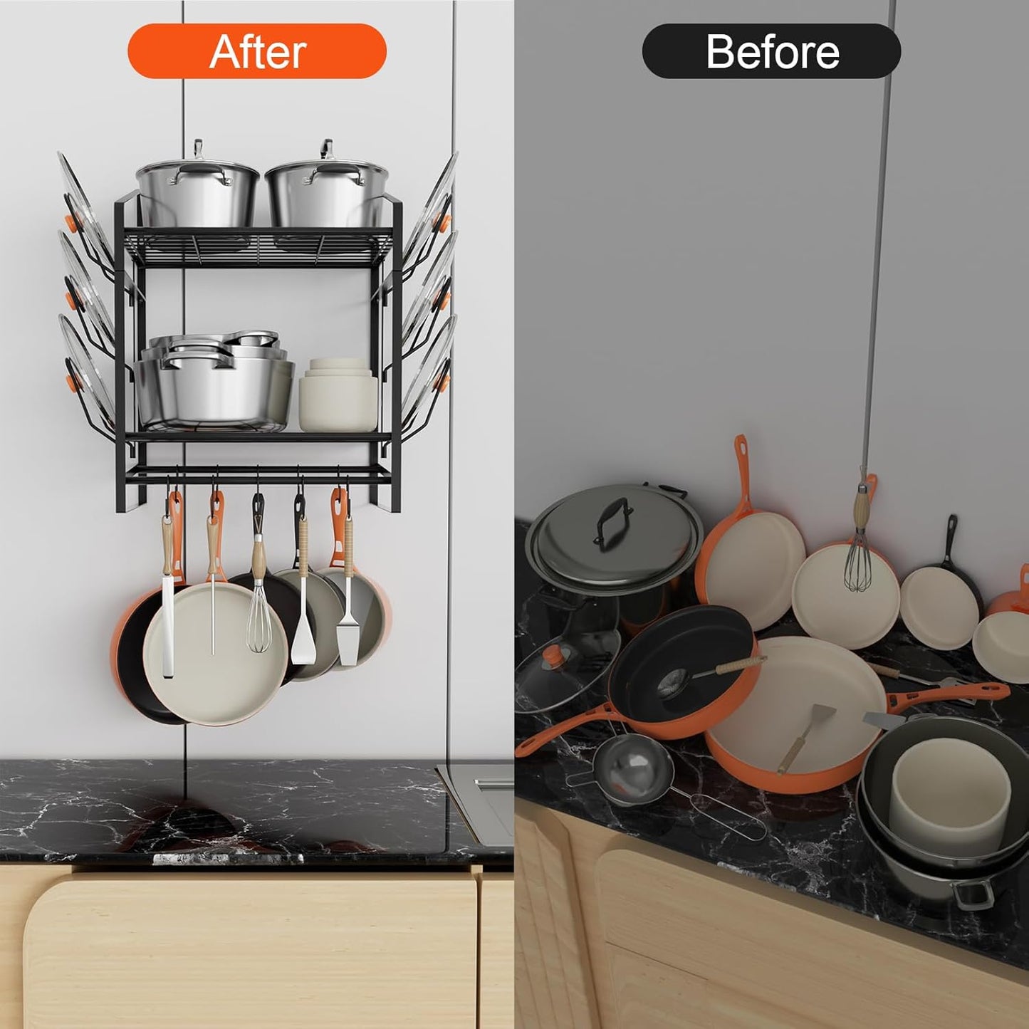 17 Inch Pot Rack Wall Mounted, 2 Tier Pots and Pans Organizer with 10 Hooks and 6 Pot Lid Holders, Heavy Duty Steel Pot and Pan Hanger for Kitchen Cookware Utensils Storage 24" Lx13 Wx20.5 H