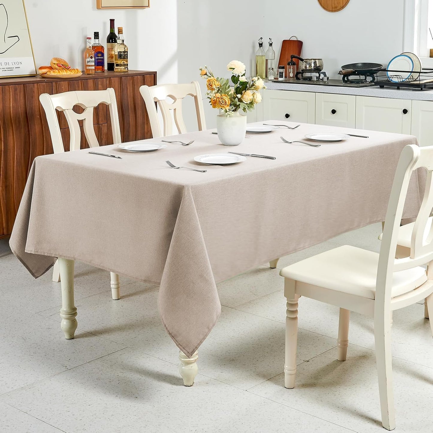 Textured Linen Table Cloth for Rectangle Tables - Khaki Tablecloths Rectangular Waterproof Wrinkle Free Wipeable Dining Table Cover for Spring Wedding Birthday Kitchen Decor, 52 X 70 Inch