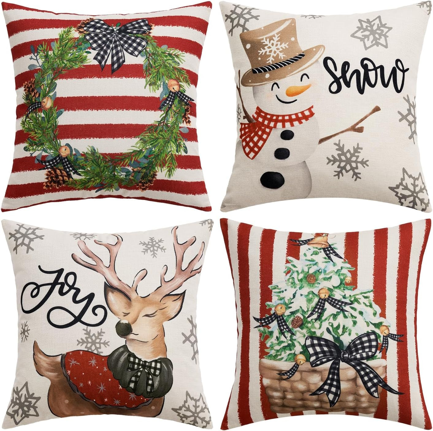 Set of 4 Holiday Red Decorative Pillow Covers 16X16 Inch Snowman Elk Merry Christmas Throw Pillow Cases Winter Seasonal Cushion Cases Home Decors for Sofa Couch Bedroom