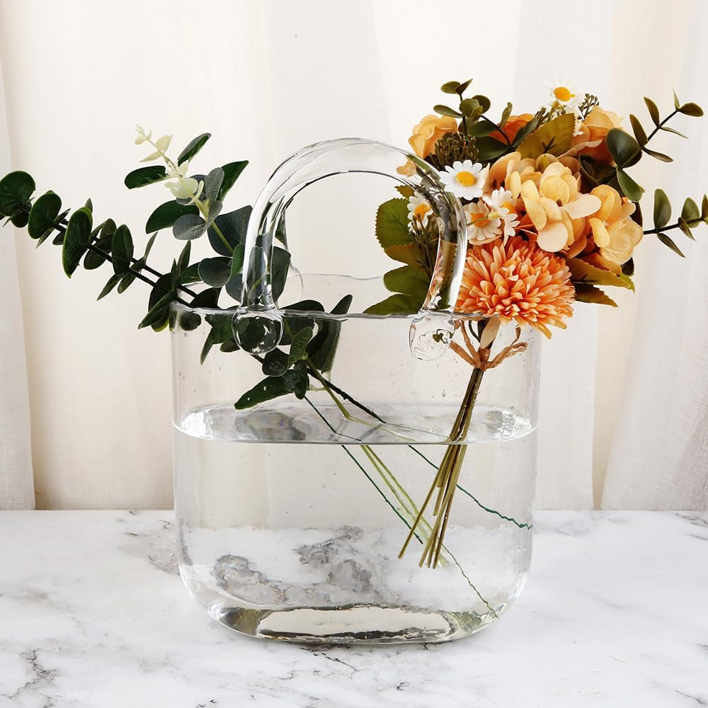 1Pcs Clear Glass Bag Vase for Flowers - Handmade Glass Purse Vase, Ideal for Centerpieces - Stylish and Functional Clear Glass Vase (Clear, 1Pcsclear)