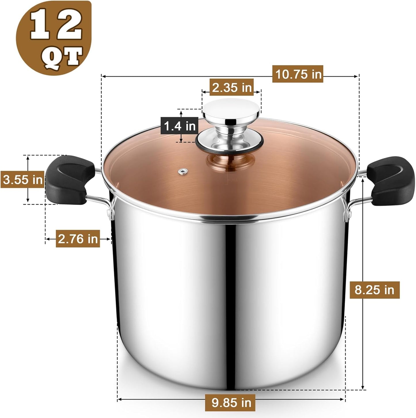 Stainless Steel 3-Ply Sock Pot with Lid, Stockpot for Cooking Pasta & Stewing Soup, Fits Multi Stoves, Heat-Proof Handle & Clear Lid, Heavy Duty & Dishwasher Safe, 12 Quarts