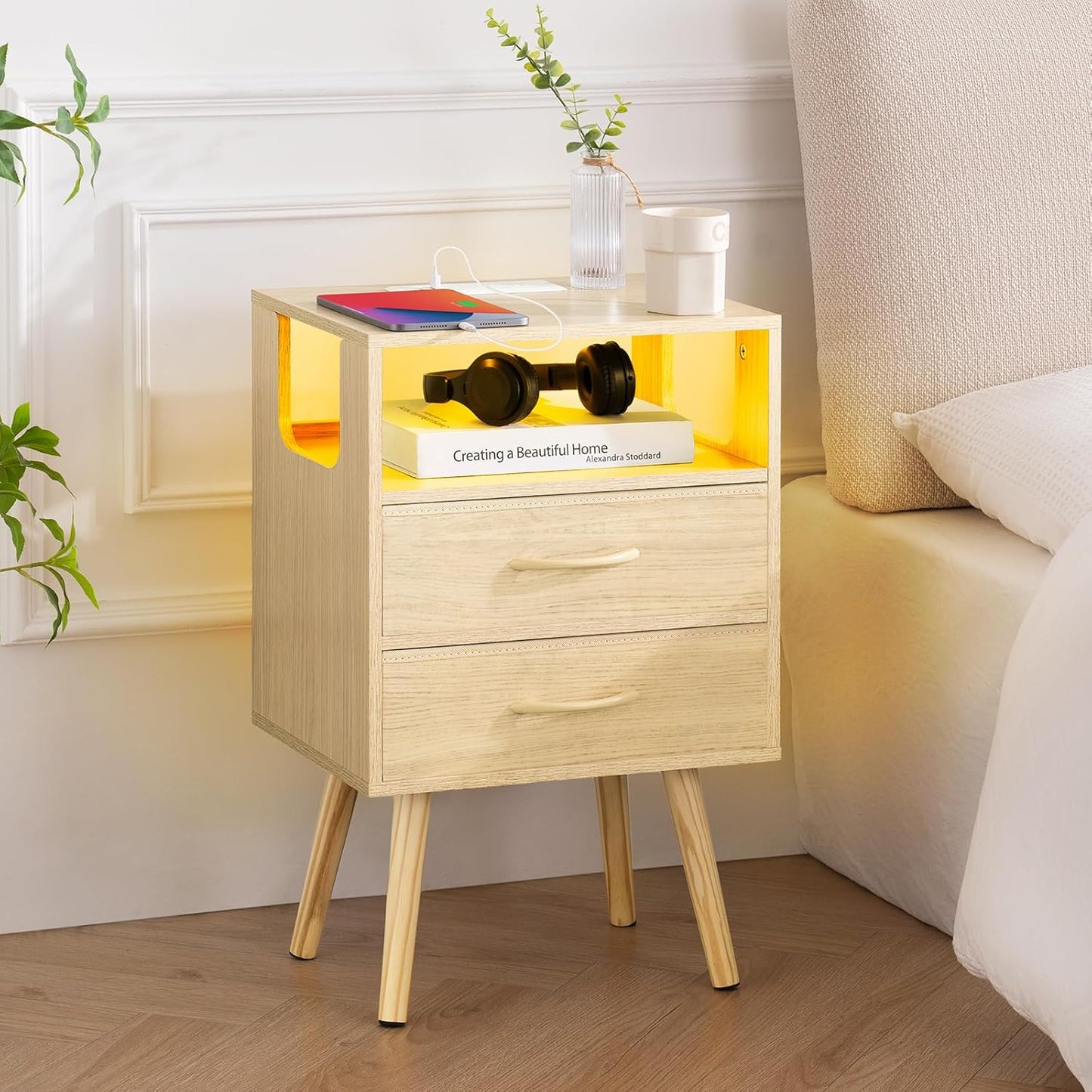 LED Night Stand with Charger Station, Mid Century Modern Nightstand with Fabric Drawers, Bedside Table Nightstands with Storage Shelf, Bed Side Table Small Night Stands for Bedroom Living Room