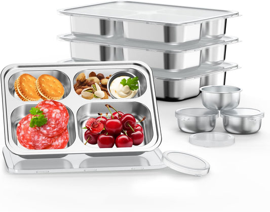 Stainless Steel Divided Plate for Kids Toddler, Non Toxic Portion Control Plate Dinner Plate with Lid for Adults Weight Loss, 4 Pack 4 Sections Rectangular Snack Plate Tray