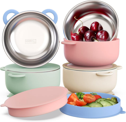 Baby Suction Bowls with Lids 4-Pack, 2-In-1 Stainless Steel 304 Toddler Bowl & Removable Silicone Suction Kids Bowl Plate Set Non Toxic Snack Dishes for Self-Feeding, Organic Bloom